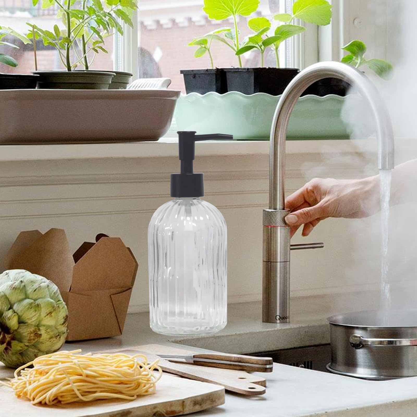 Clear Glass Soap Dispenser With Pump, 2 Pack 13.5Oz Bathroom Soap Dispenser With Vertical Stripe For Hand Wash And Dish Wash, El