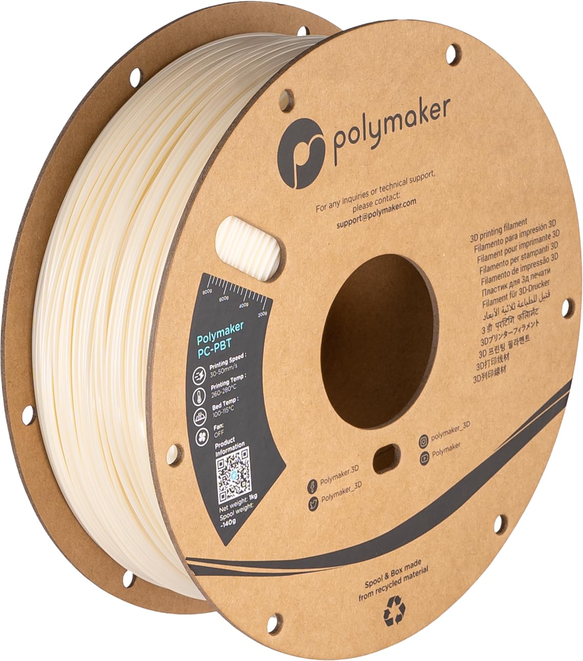 Polymaker Pc-Pbt Filament 175Mm, Natural Polycarbonate Filament 175Mm Pbt Blend, 1Kg Cardboard Spool - Low Temperature Toughness