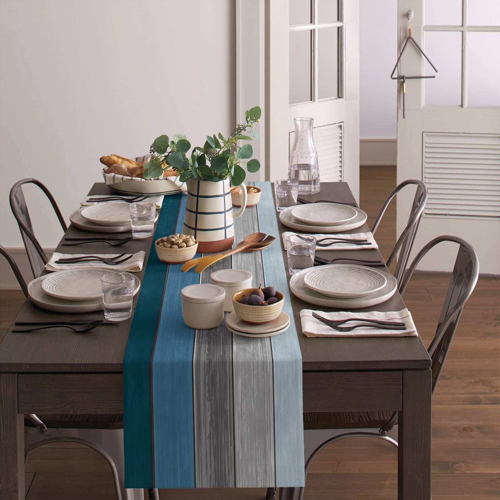 Farmhouse Cotton Linen Table Runner Dresser Scarf Extra Long 108 Inches- Retro Rustic Barn Wood Texture Ombre Blue Gray Ocean Hu