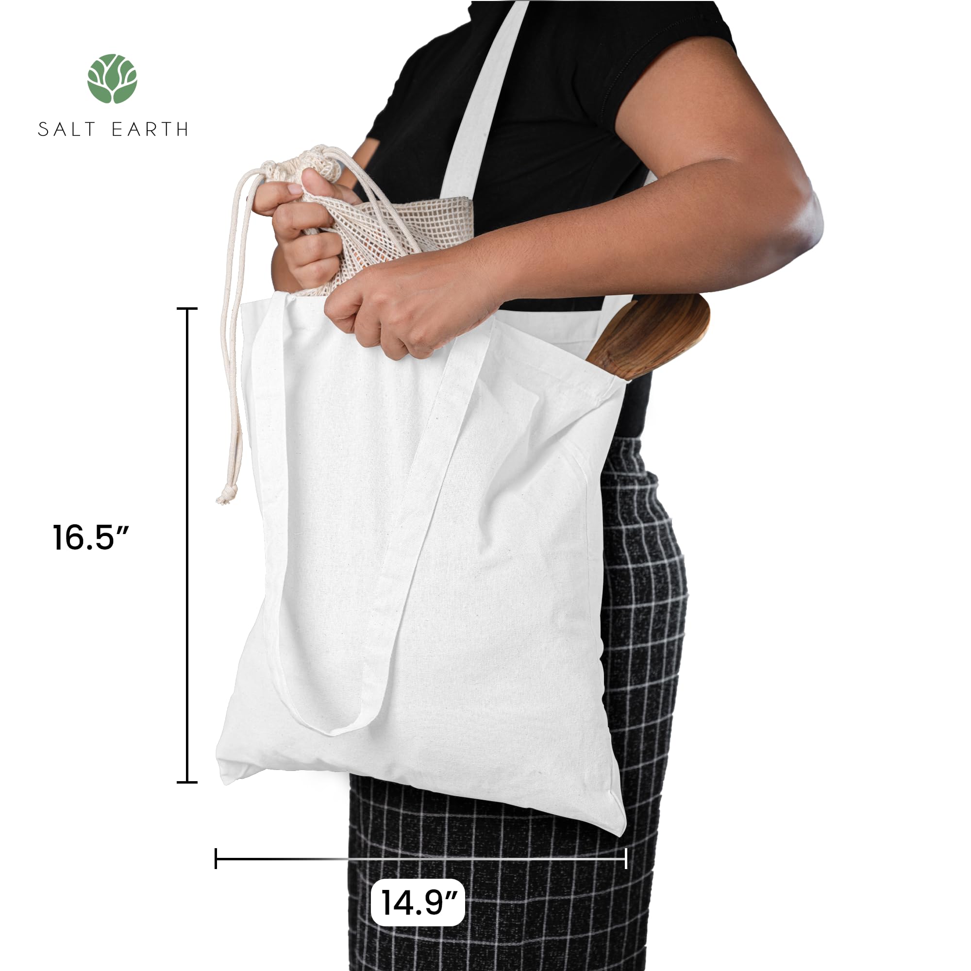 Salt Earth Pack of 5 | 6 | 12 | 24 | 48 - 100% Cotton Reusable Tote Bags - Bulk Grocery, Shopping, DIY, Beach & Gift Use (White)