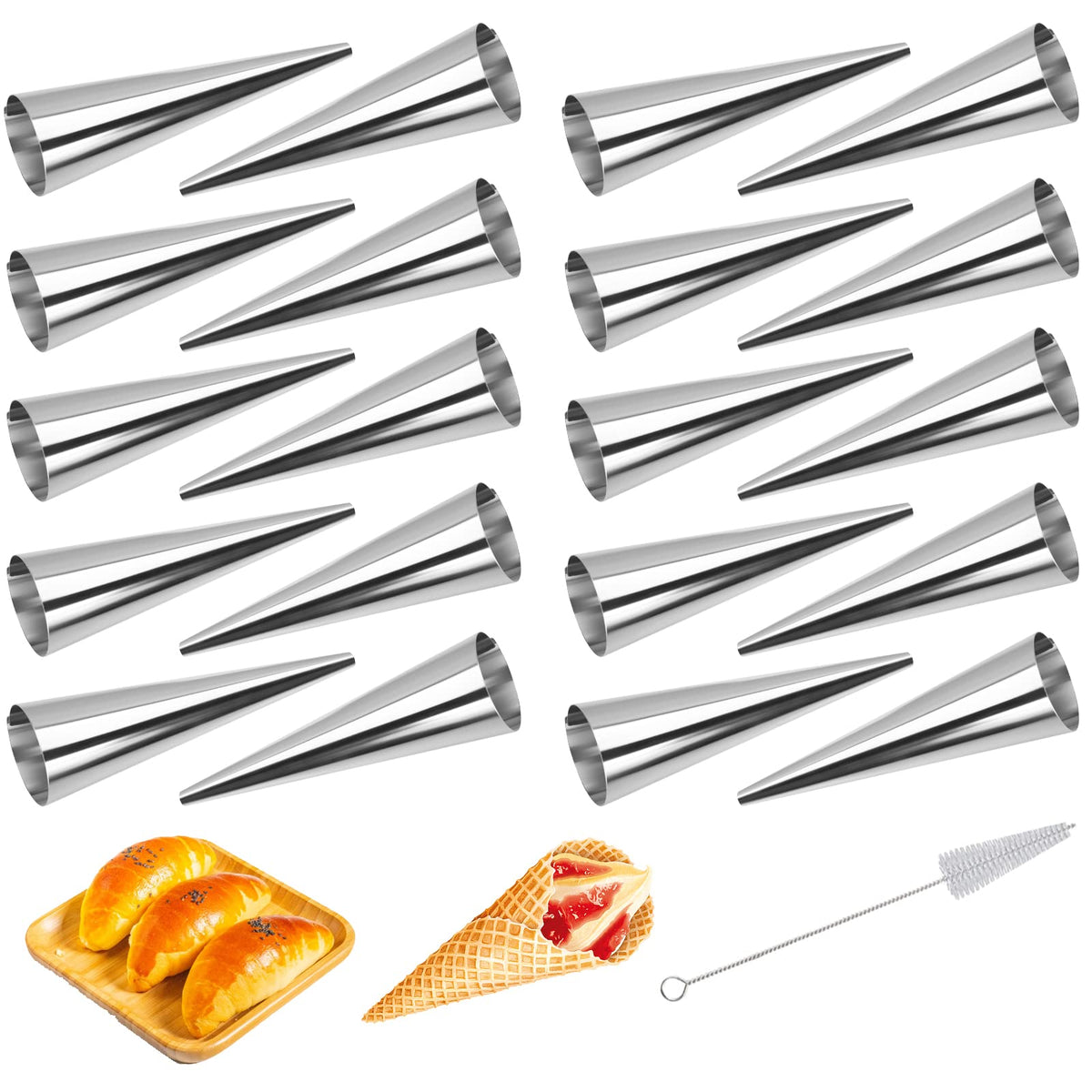Tinfol 20 Pack 4.7Inch Cream Horn Molds, Baking Cones Cream Horn Forms, Stainless Steel Cannoli Tubes Ice Cream Mold, Standing C