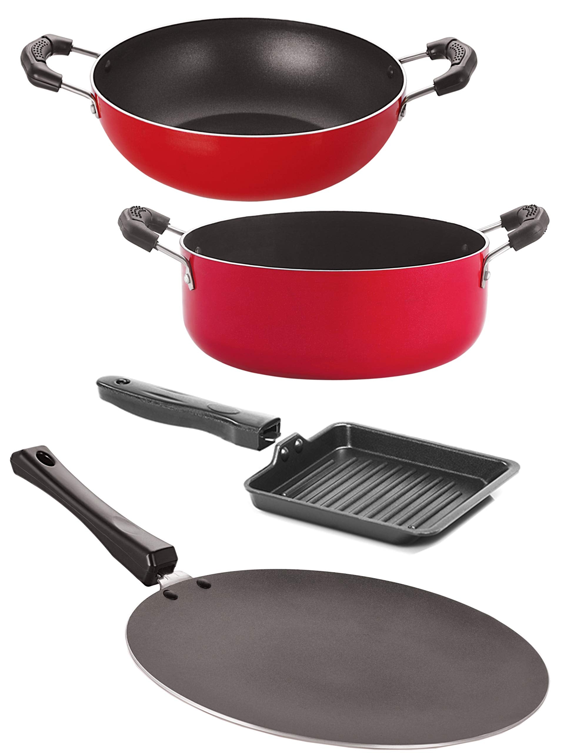 Nirlon Nonstick Cookware Kitchen Cooking Essential Gift 4 Pieces Set (1 Concave Tawa 27.5Cm /1 Kadhai 2 Ltr/1 Small Grill Pan 14