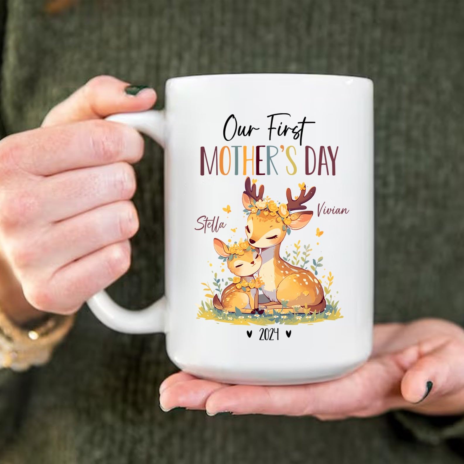 Deers Mug For New Mother And New Born Baby, Personalized Our First Mothers Day Ceramic Mug, Custom Mom & Baby Deer Coffee Cup, M