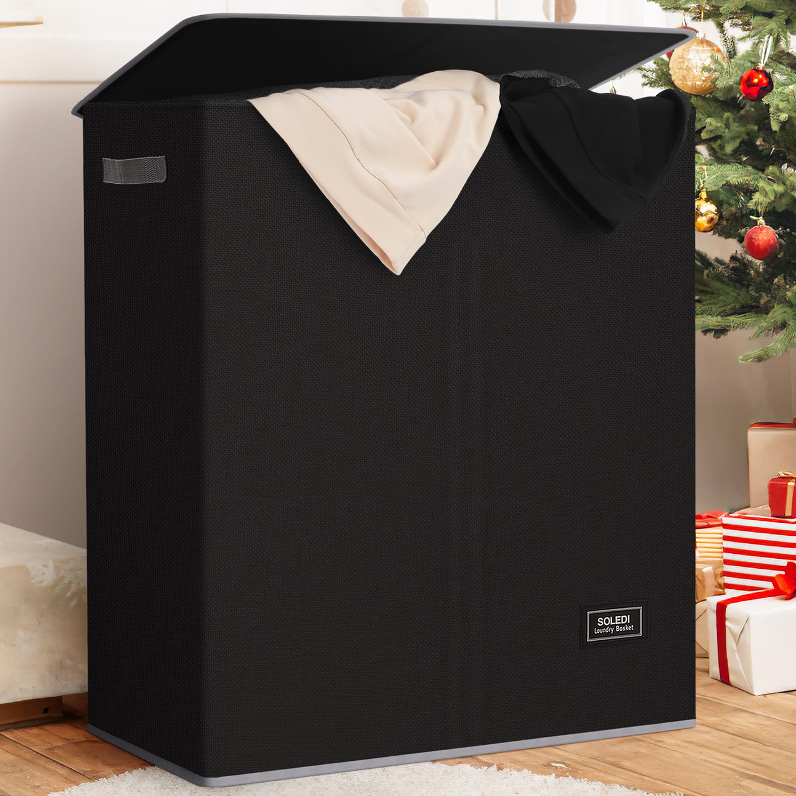 Soledi Double Laundry Hamper With Lid And Removable Laundry Bags - Large Dirty Clothes Hamper 2 Section - Collapsible Laundry Ba