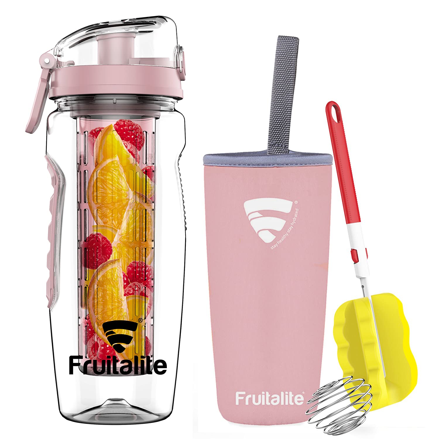 Fruitalite Fruit Infuser Water Bottle- 1 Litre, Full Length Tritan Infusion Rod, Cover Sleeve, Infused Detox Water Recipes Ebook