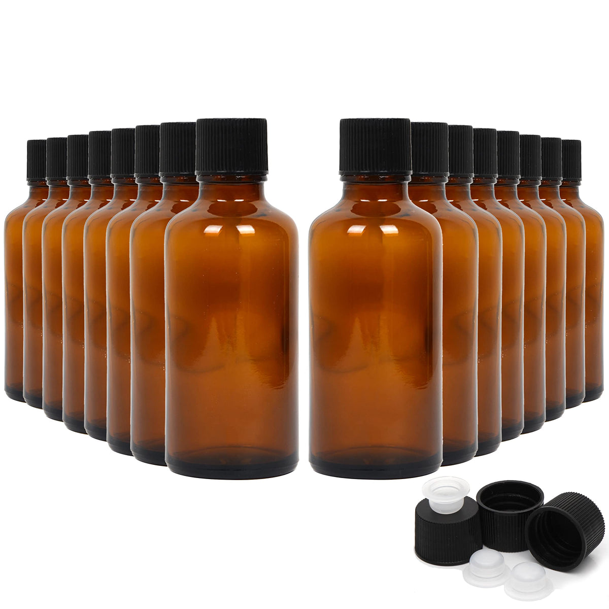 Youngever 16 Pack Amber Glass Bottles With Lids, Refillable Container For Essential Oils, Vanilla Extract And More (2 Ounce)