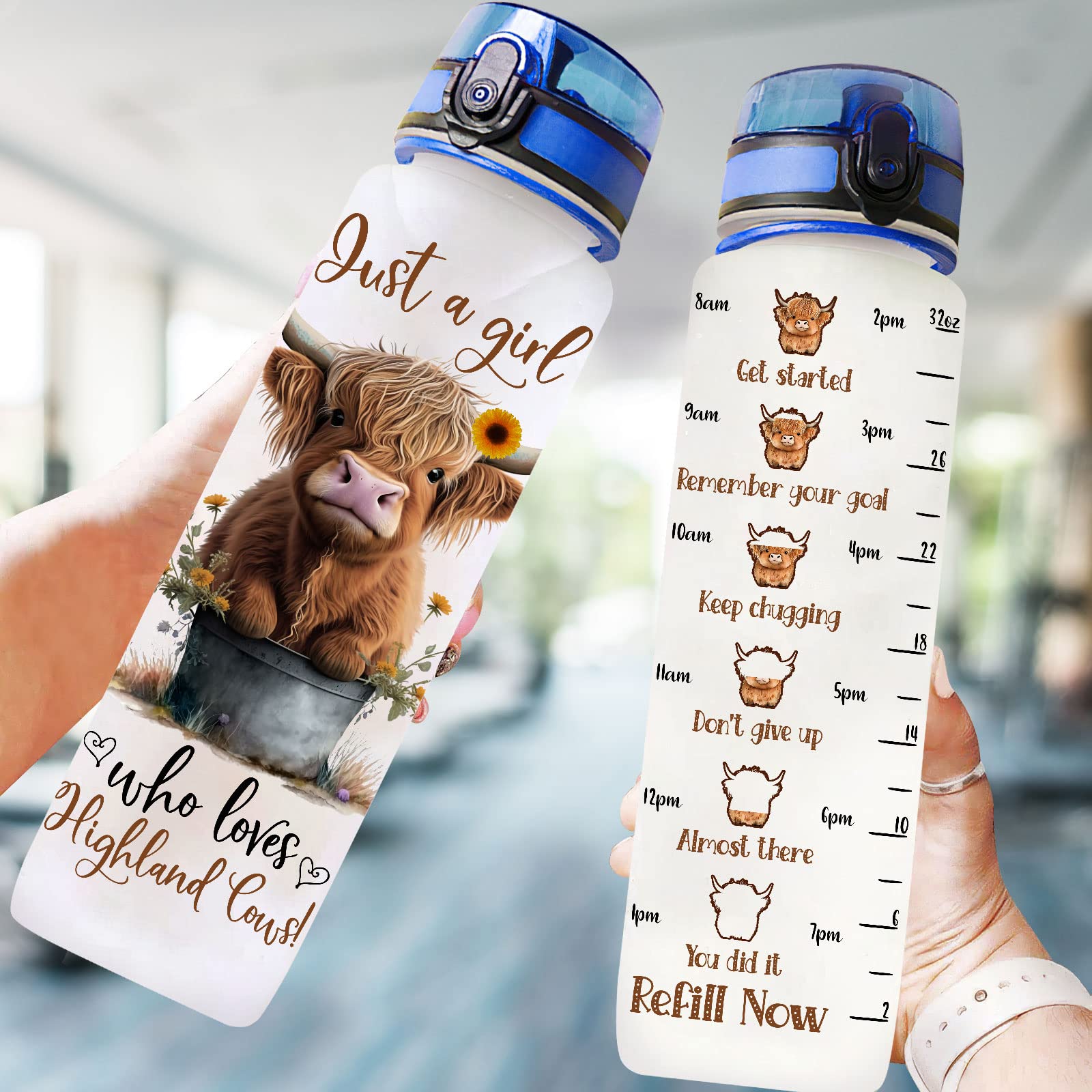 Highland Cow Gifts, Highland Cow Water Bottle 32 Oz With Time Marker, Just A Girl Who Loves Cow Tumbler, Cow Gifts For Cow Lover