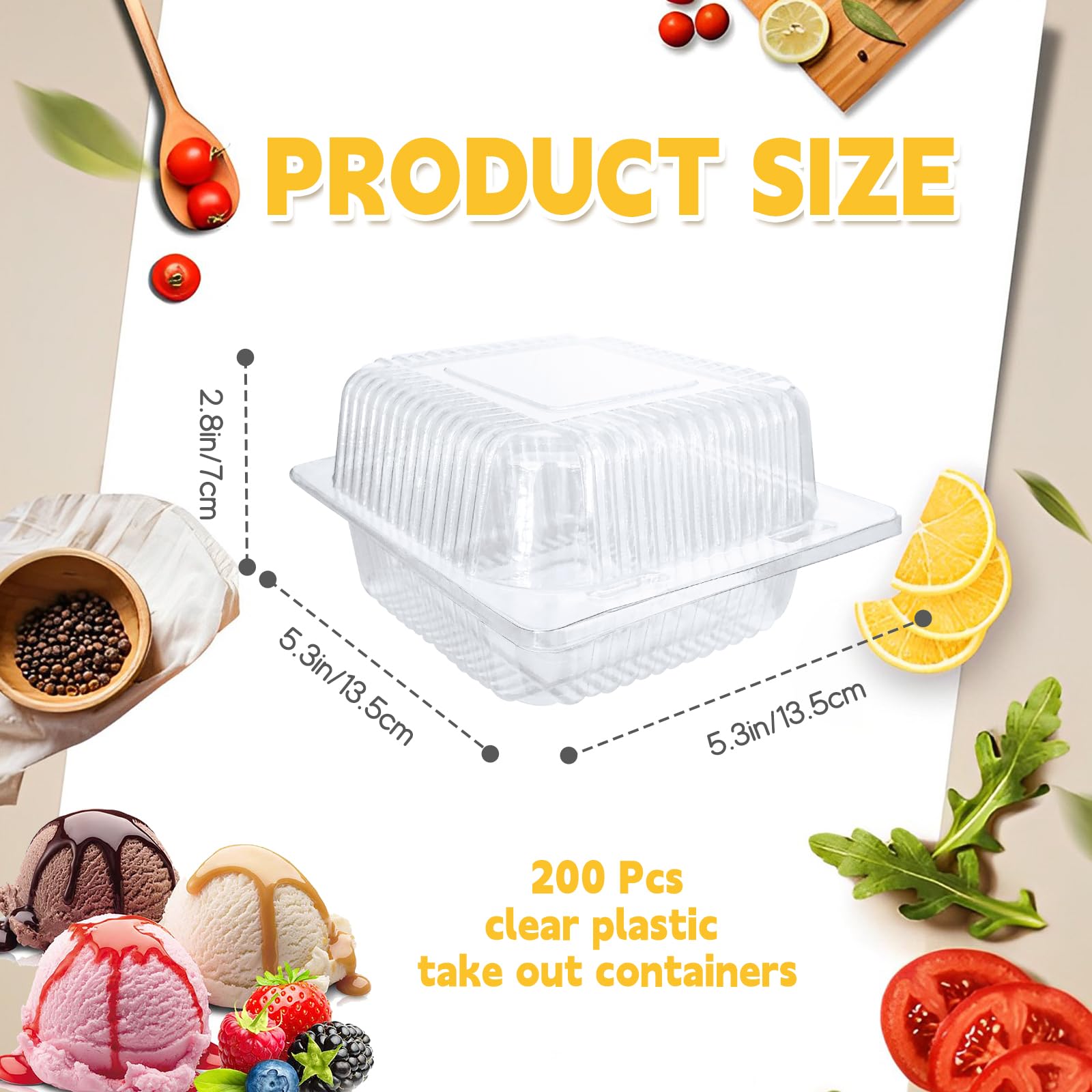 Jizvxe 200 Pcs Clear Plastic Take out Containers Disposable Fancy Hinged Top Square Clamshell Food Boxes Cake Slice Containers Clamshell Takeout Tray with Clear Lids 5.3x4.7x2.8 Inch