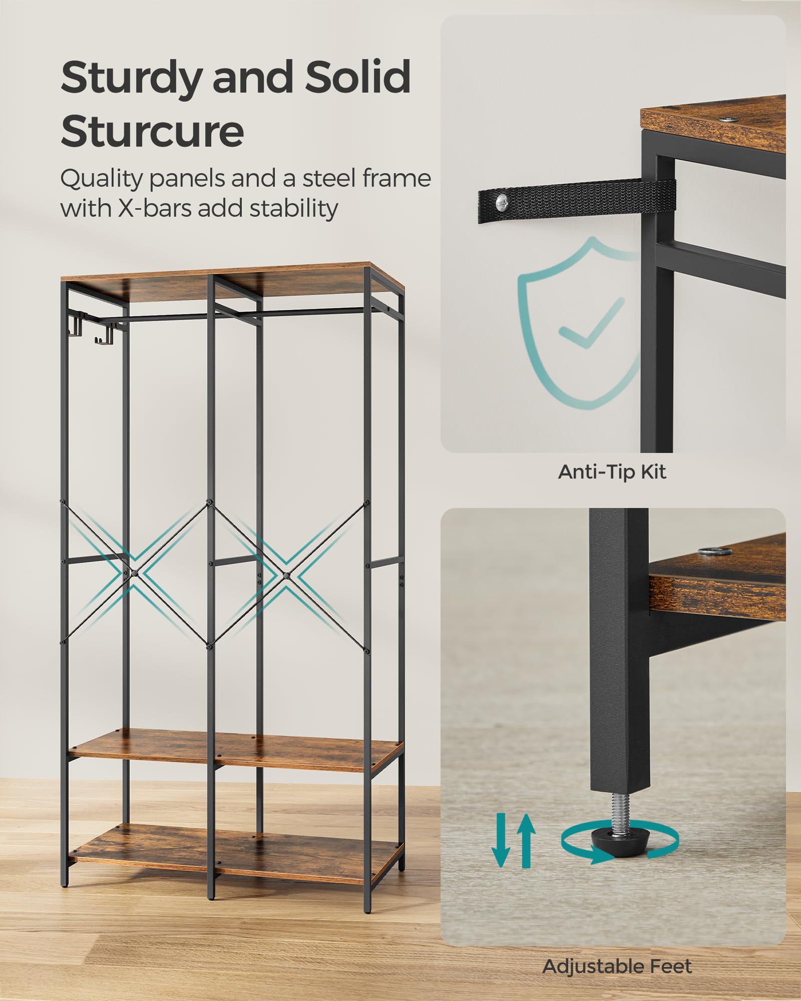 Songmics Clothes Rack, Iron And Wood Wardrobe Closet Organizer, Heavy Duty Garment Rack With Hanging Rods, Closet Shelves, Remov