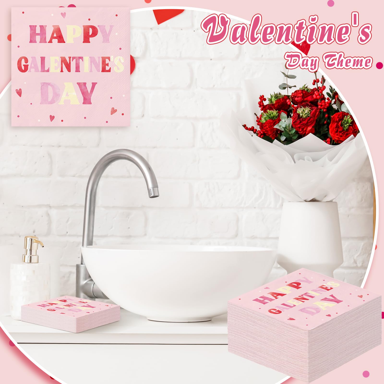 100 Pack Happy Galentine'S Day Napkins Disposable Folded Napkins 10 X 10 Inches Valentine'S Day Party Decorations Pink Paper Tow