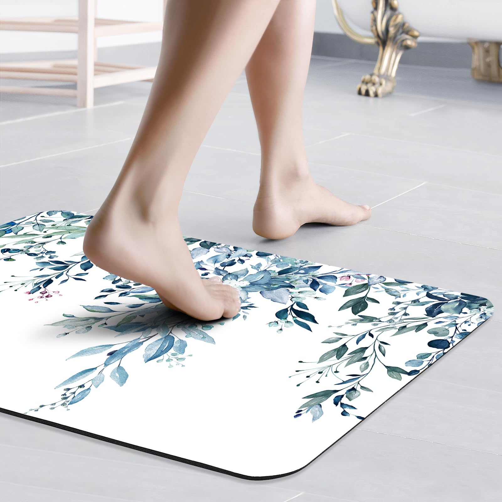 Gibelle Eucalyptus Leaves Bath Mat Rug Super Absorbent Quick Dry Thin Bathroom Rugs Fit Under Door Non Slip Rubber Backed Bathro
