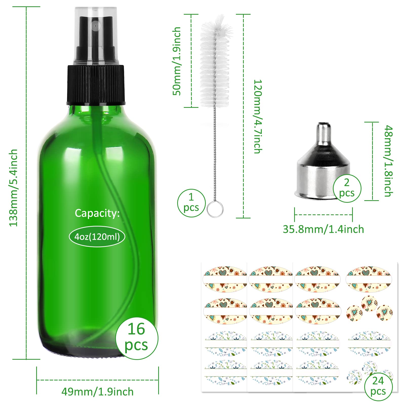 Cyclemore 120Ml 16 Pack 4Oz Green Glass Spray Bottles With Fine Mist Sprayers, Glass Travel Bottles For Cosmetic, Essential Oils
