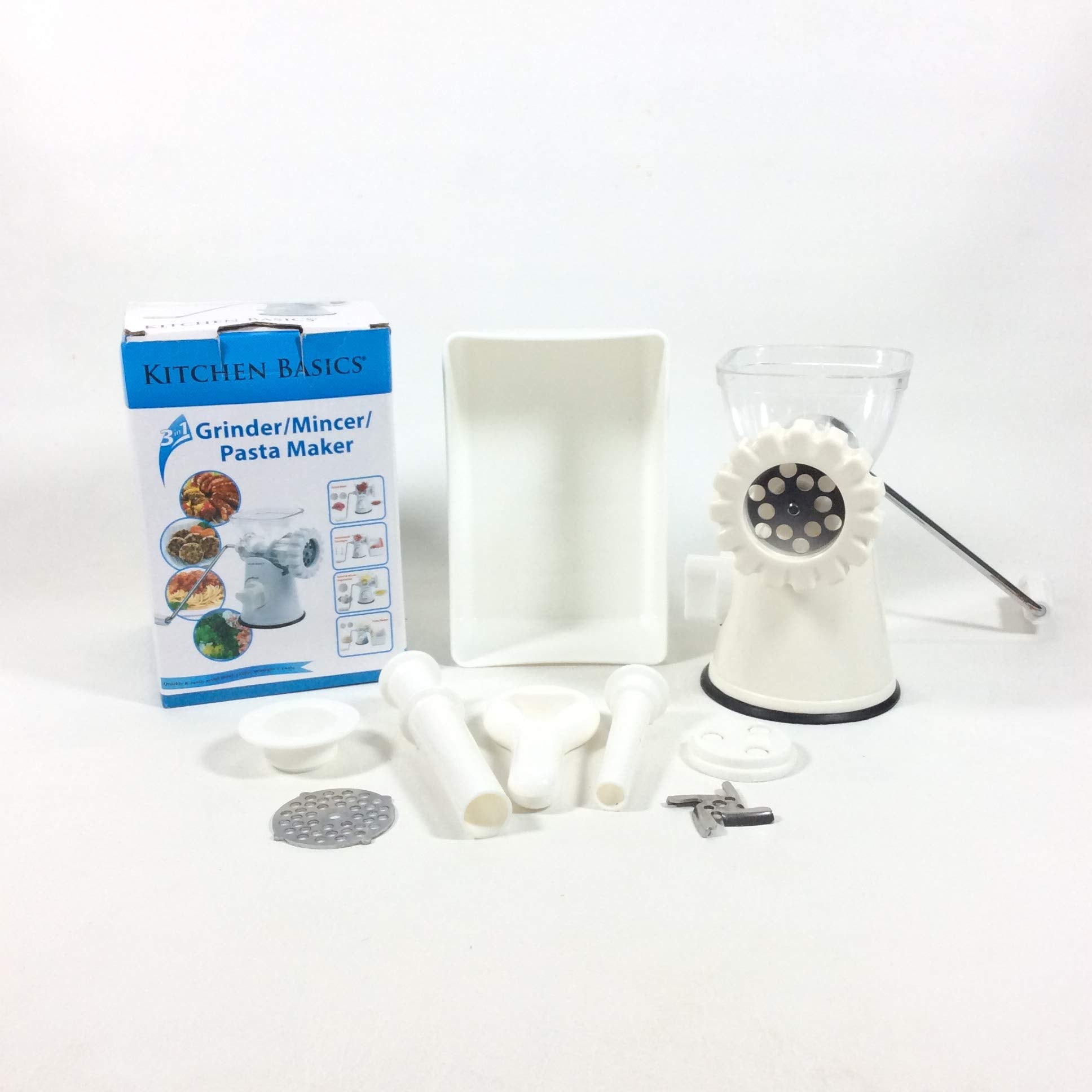 Kitchen Basics 3 N 1 Manual Meat and Vegetable Grinder Mincer  3 Size Sausage Stuffer  Pasta Maker Bowl Inluded