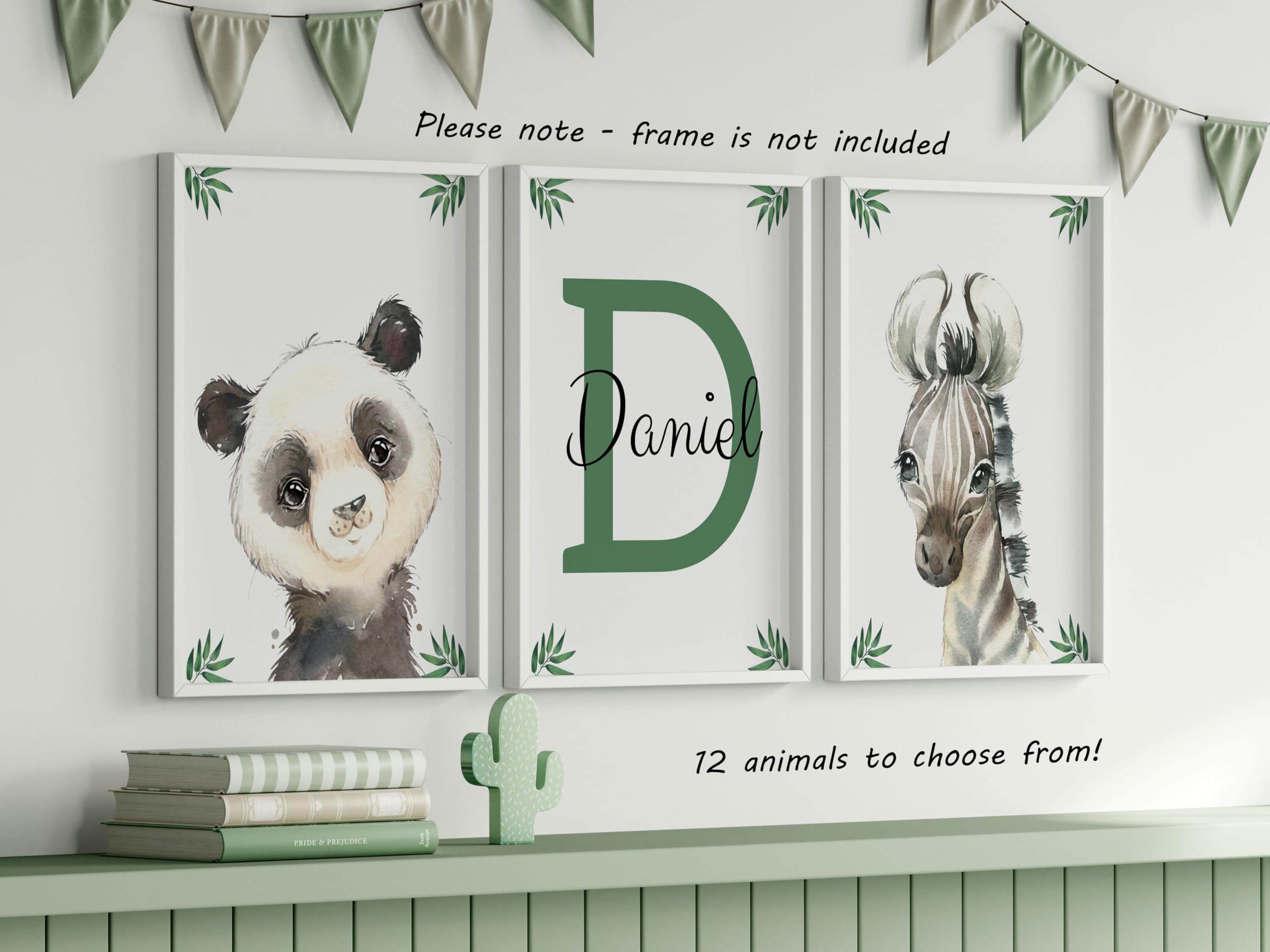 Personalized Safari Animals for Baby Boy Girl Nursery Bedroom Unframed Set of 3 Poster Prints  Green Jungle Leaves Wall Art Decor New Baby Gift Present  Elephant Giraffe Lion Panda Zebra (8x10)