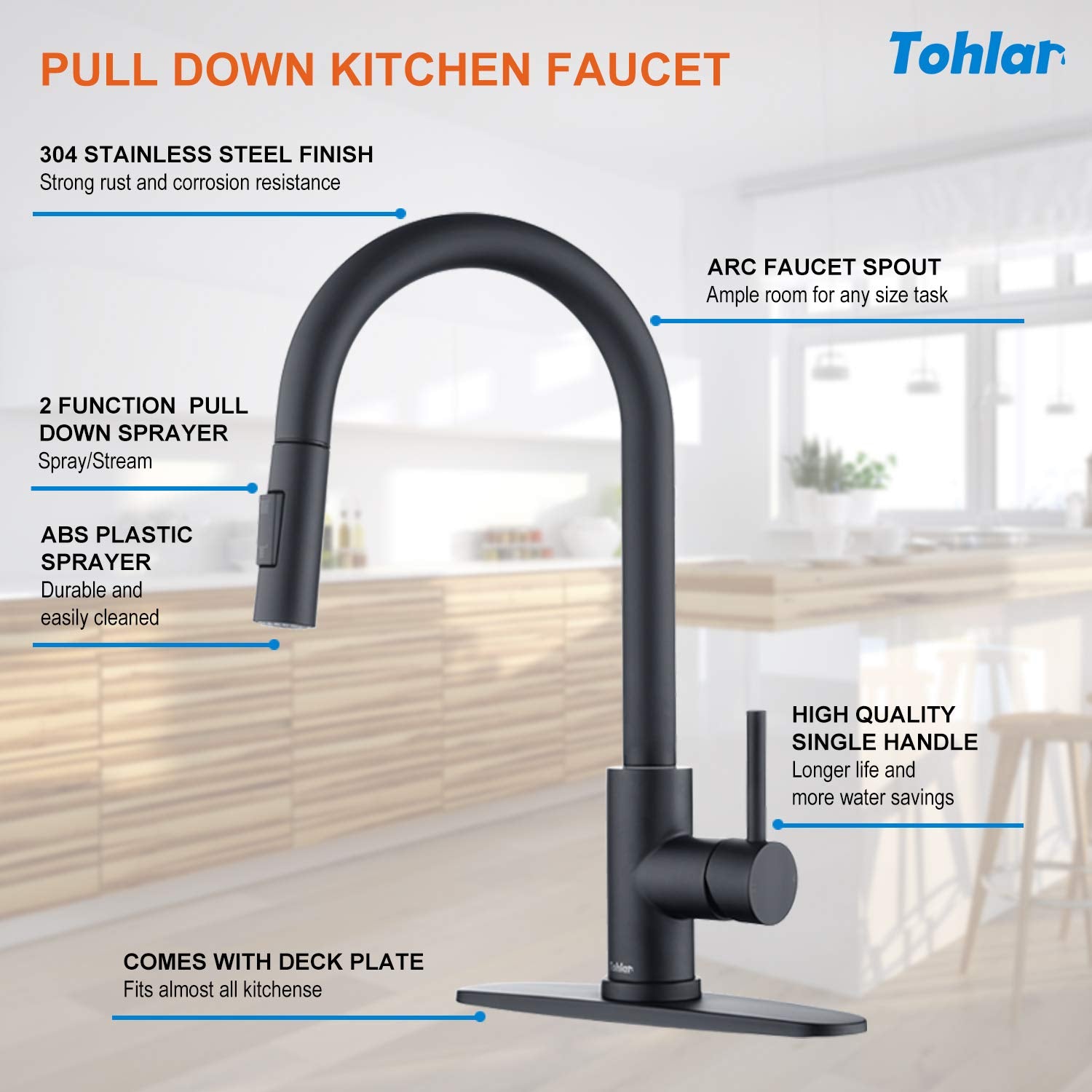 Tohlar Black Kitchen Faucets with Pull-Down Sprayer Single Handle Kitchen Faucet  Modern Stainless Steel Kitchen Sink Faucet with Deck Plate