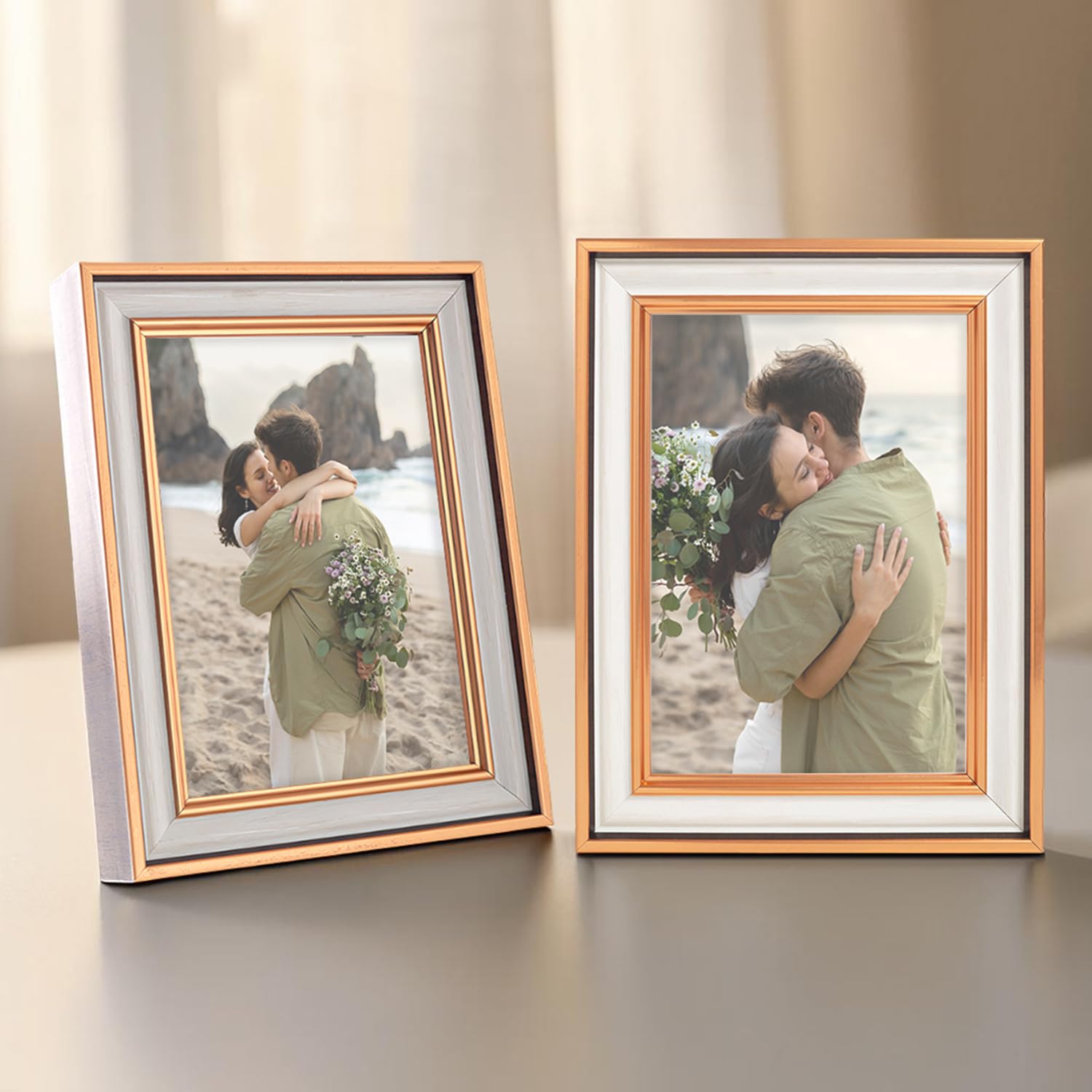 Golden Peacock Set Of 2 5X7 Inch Photo Frames - Elegant Rose Gold & White Finish | Modern Tabletop & Wall Hanging Picture Frames