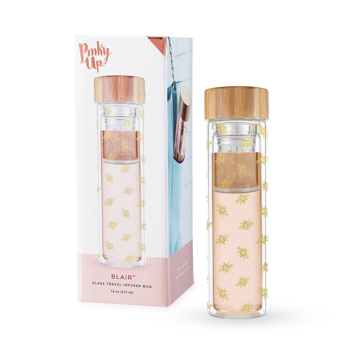 Pinky Up Blair Travel Tea Infuser Mug, Double Walled Insulated Tumbler With Removable Loose Leaf Tea Strainer, Keeps Drinks Hot