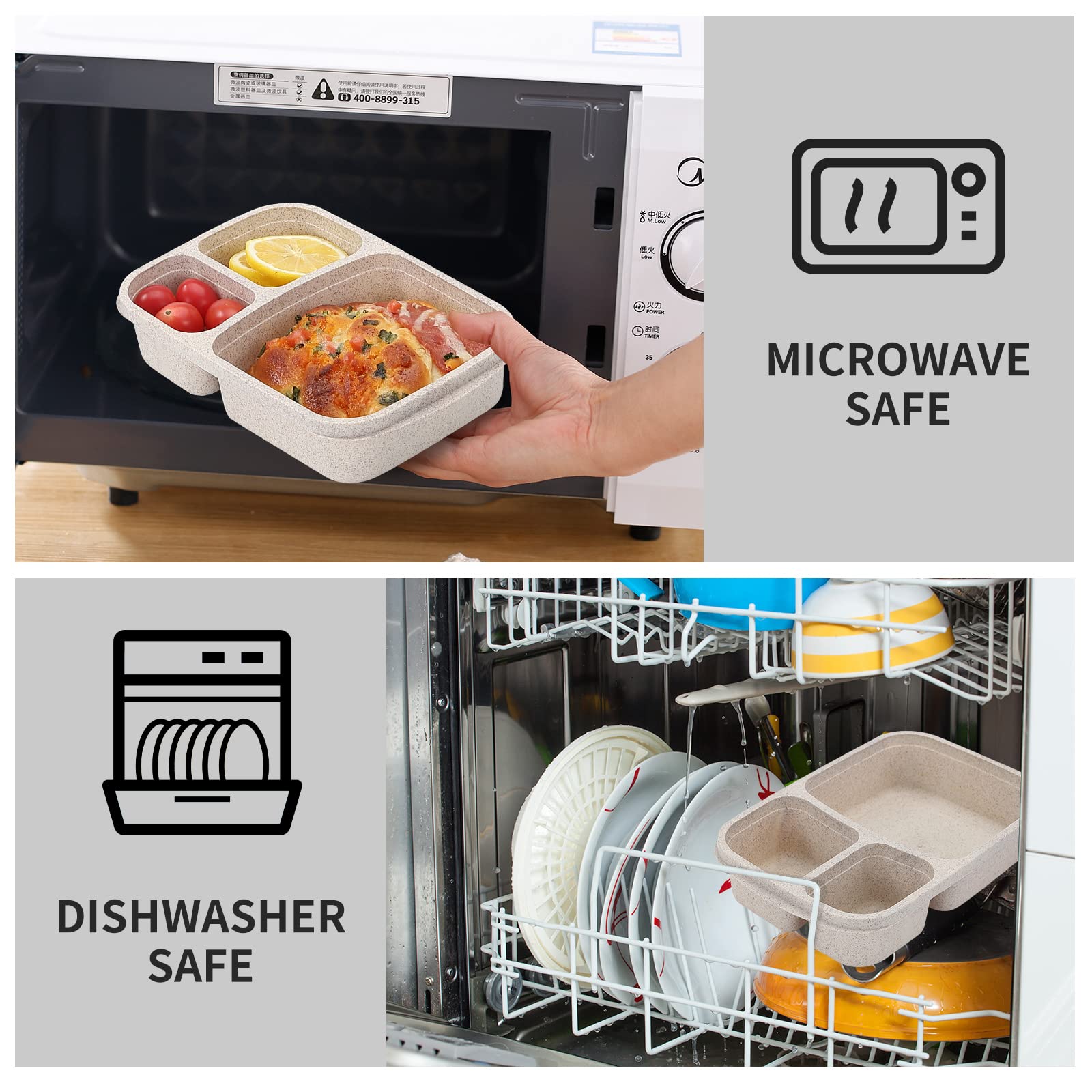 Buluker 4 Pack Bento Lunch Box Set 3 Compartment Wheat Straw Meal Prep Food Storage Containers Plastic, Microwave And Dishwasher