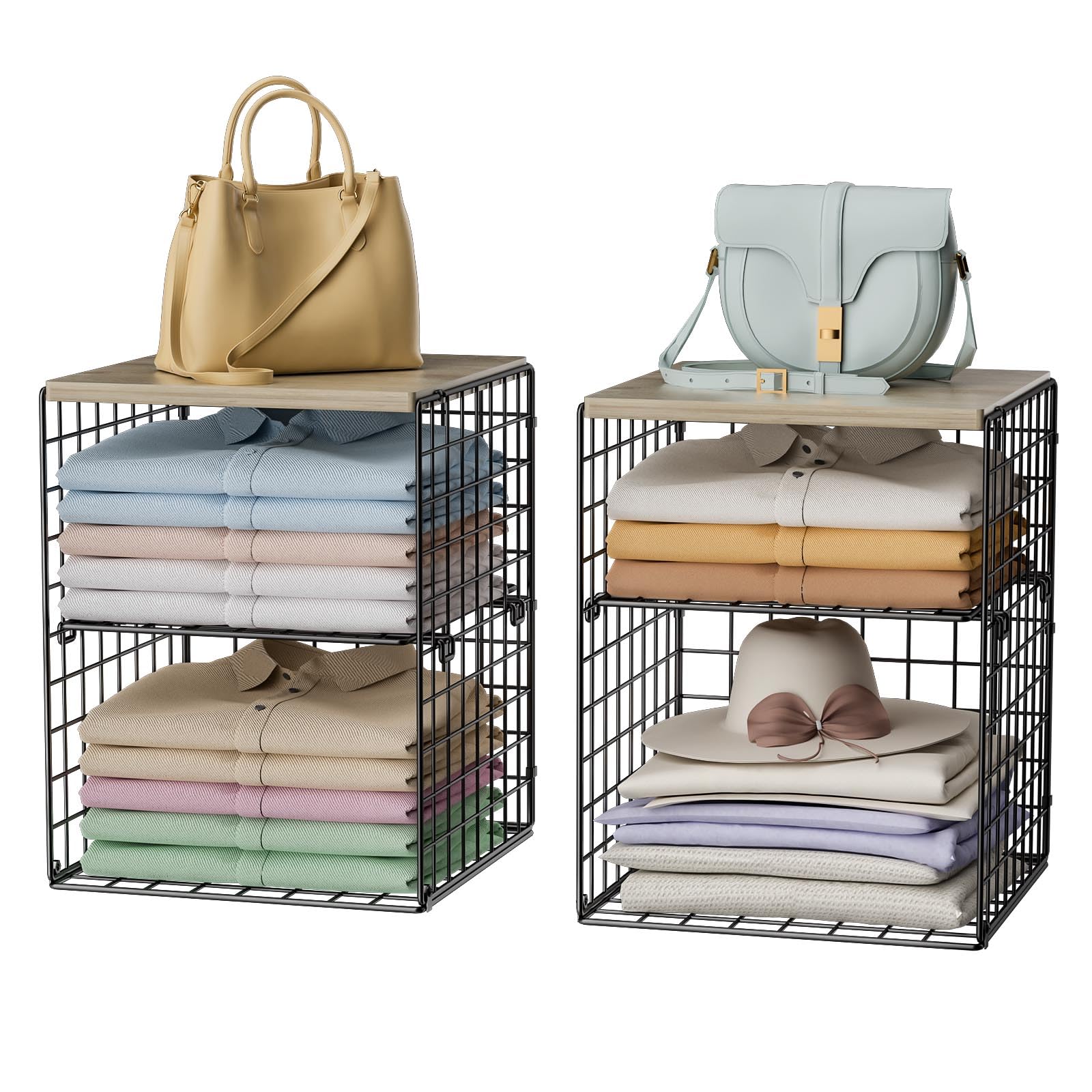 4Tier Stackable Closet Organizers And Storage, Closet Shelves With Adjustable Dividers & Wood Top For Extra Storage, Clothes St