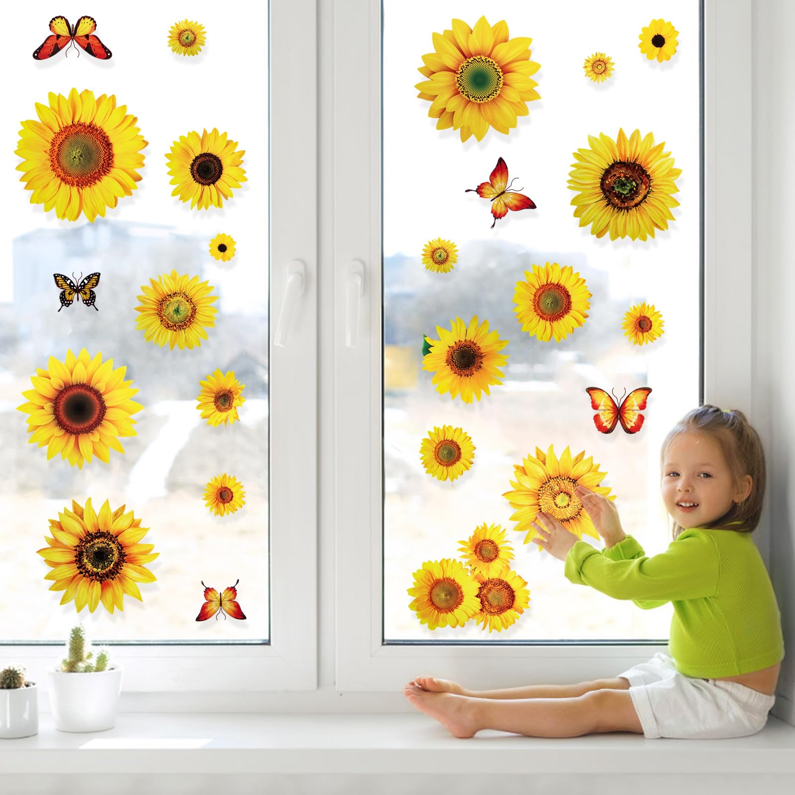 100 Pcs Sunflower Window Wall Stickers With 3D Butterfly, 1-4 Inch Vinyl Sunflower Window Clings Decor, Self-Adhesive Peel And S