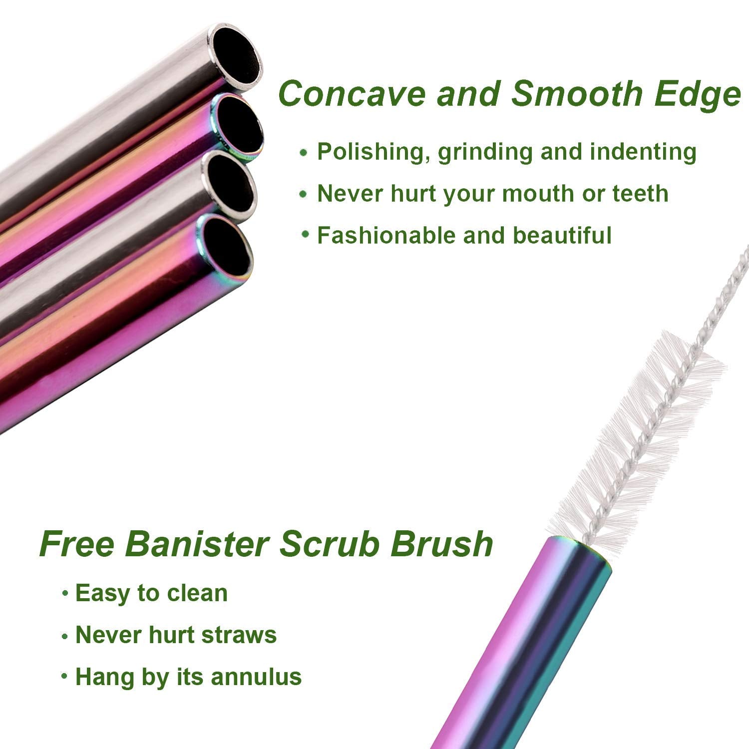 Vehhe Reusable Straws 8 Set Multi Color Stainless Steel Straws - Cleaning Brush For 20 Oz (Rainbow 8.5 Inch + 10.5 Inch)