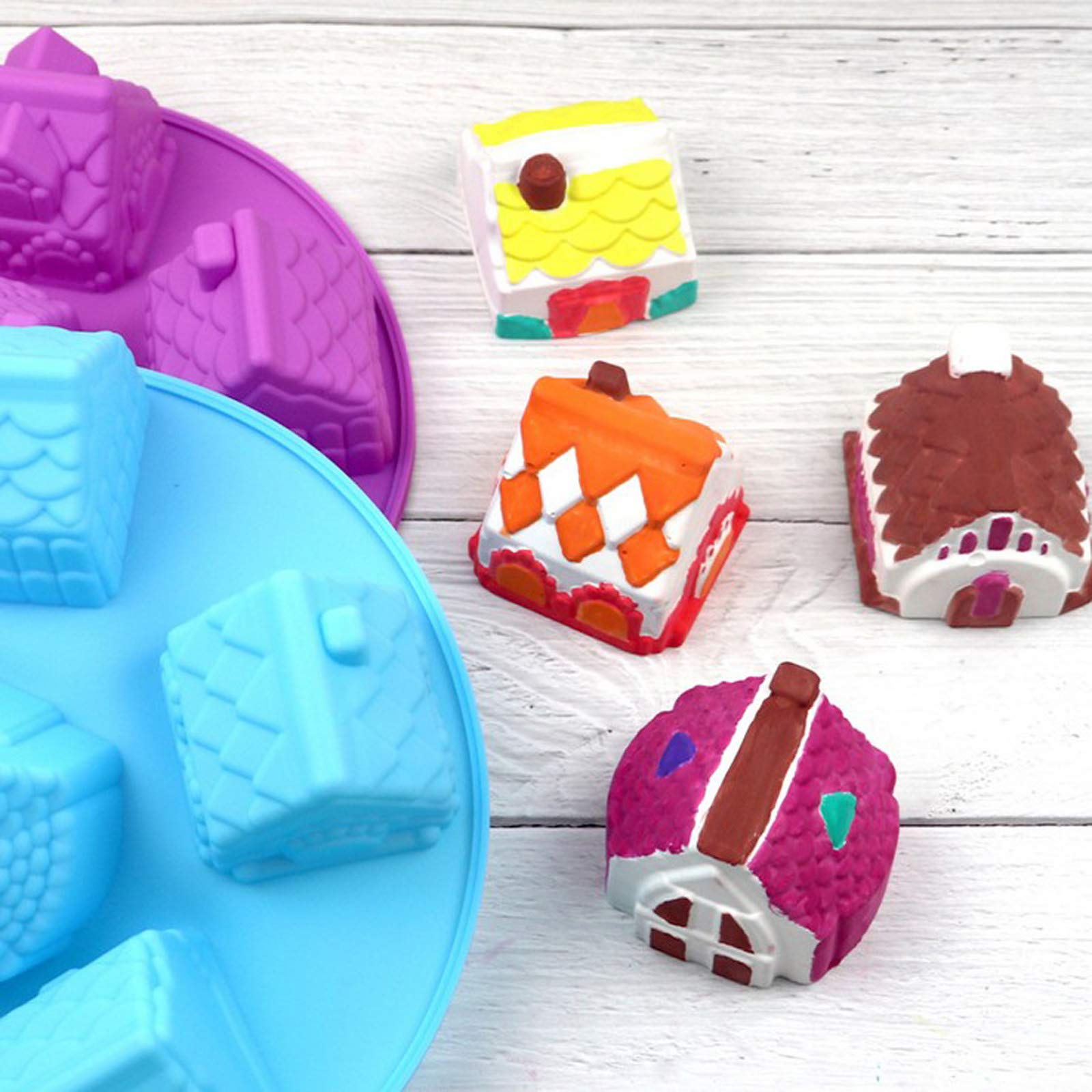Joyeee 1 Pack House Shape Silicone Mold, 6 Cavity Non-Stick Cozy Village Baking Pan, House Shape Soap Mold, Mini Christmas House
