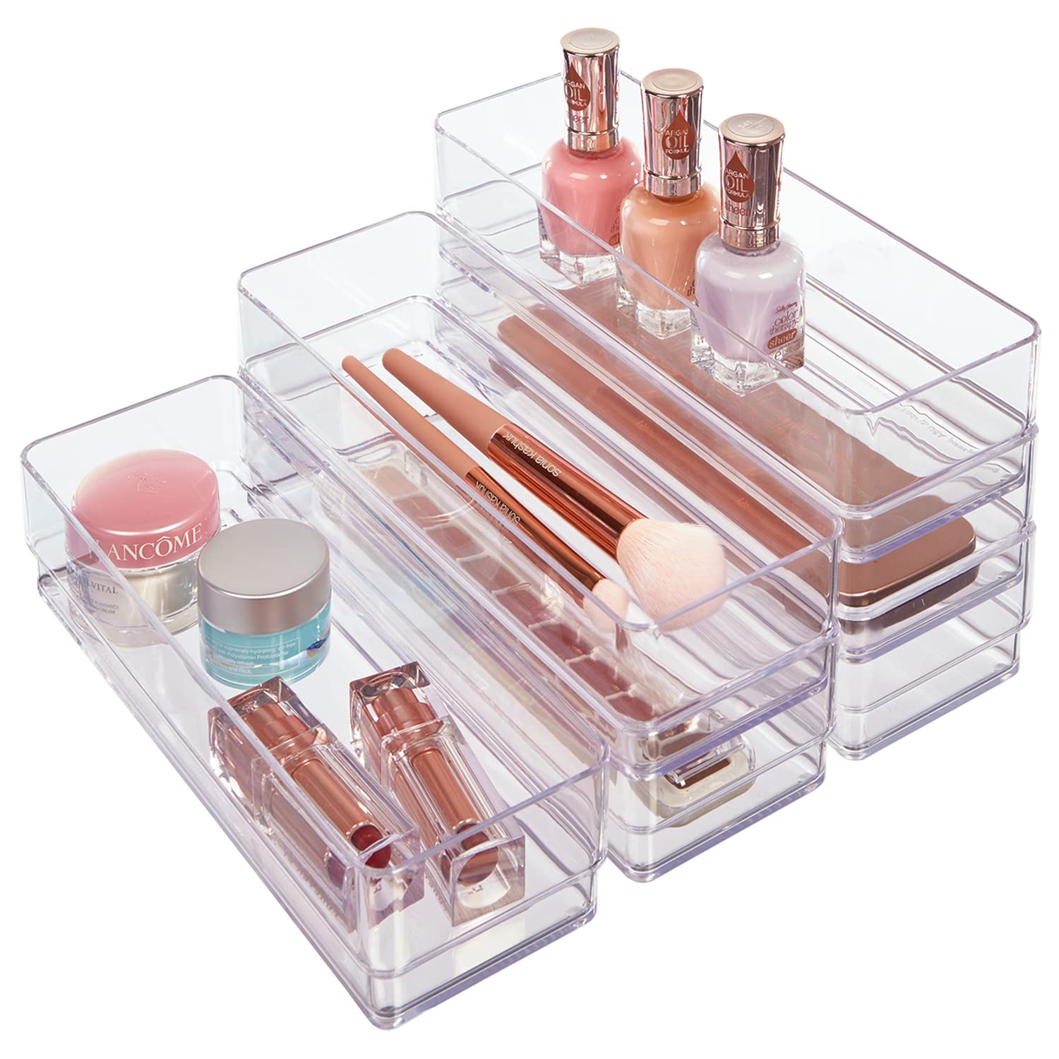 STORi SimpleSort 6-Piece Stackable Clear Drawer Organizer Set | 9 '' x 3 '' x 2 '' Rectangle Trays | Narrow Makeup Vanity Storag