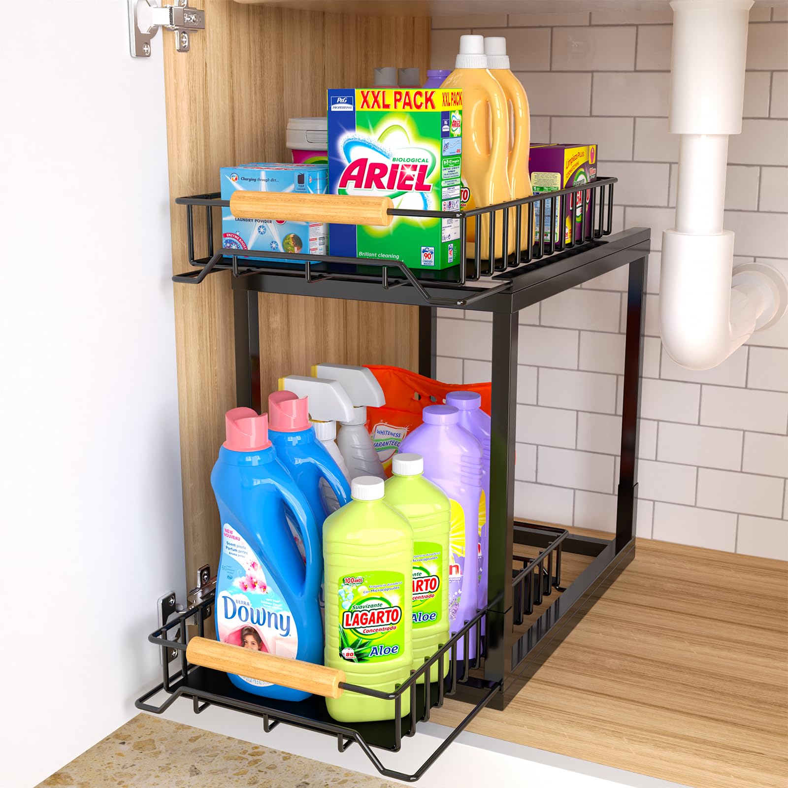 Paroto Under Sink Organizer, 2-Tier Pull Out Under Sink Organizers And Storage With Wooden Handles, Large Capacity Under Sink St
