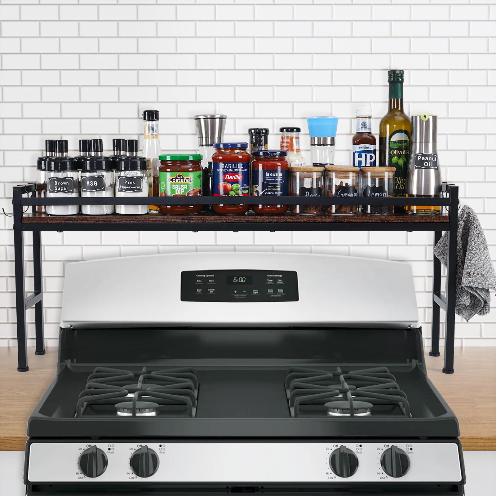 weslinkeji Spice Rack Shelf for Kitchen Stove,Stove Top Shelf with 4 hooks Extra Storage Countertop, Seasoning Organizer,Kitchen