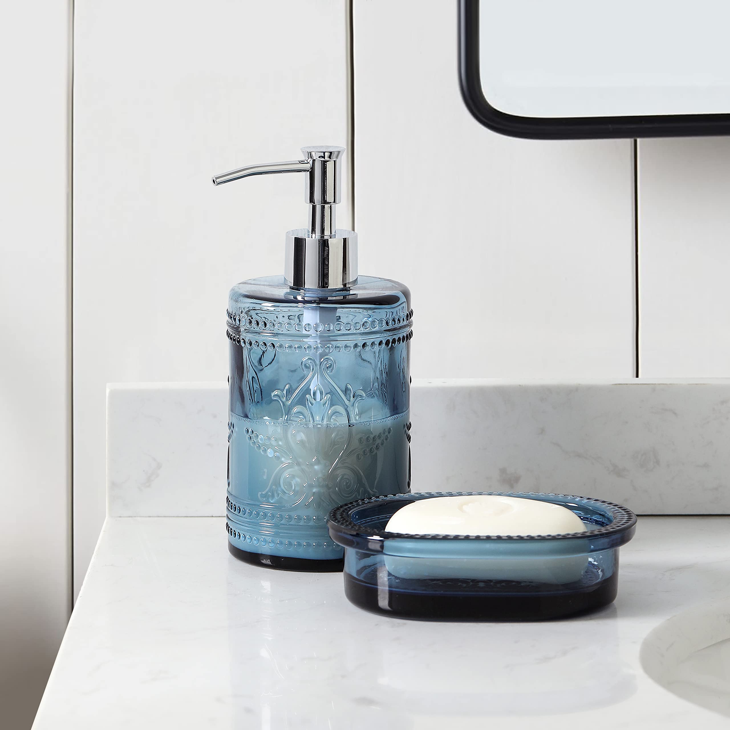4Pcs Teal Blue Glass Bathroom Accessories Set With Decorative Pressed Pattern - Includes Hand Soap Dispenser & Tumbler & Soap Di