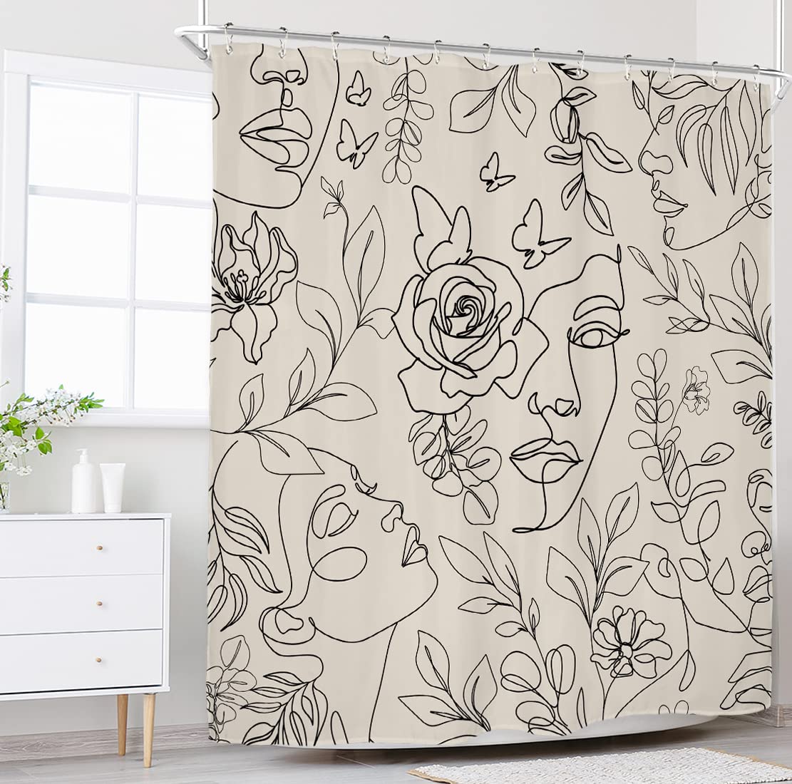 Riyidecor Abstract Face Shower Curtain for Bathroom Decor 72Wx72H Black Lines Women Face Floral Butterfly Silhouette Aesthetic Minimalist Art Printed Fabric Polyester Waterproof 12 Pack Plastic Hooks