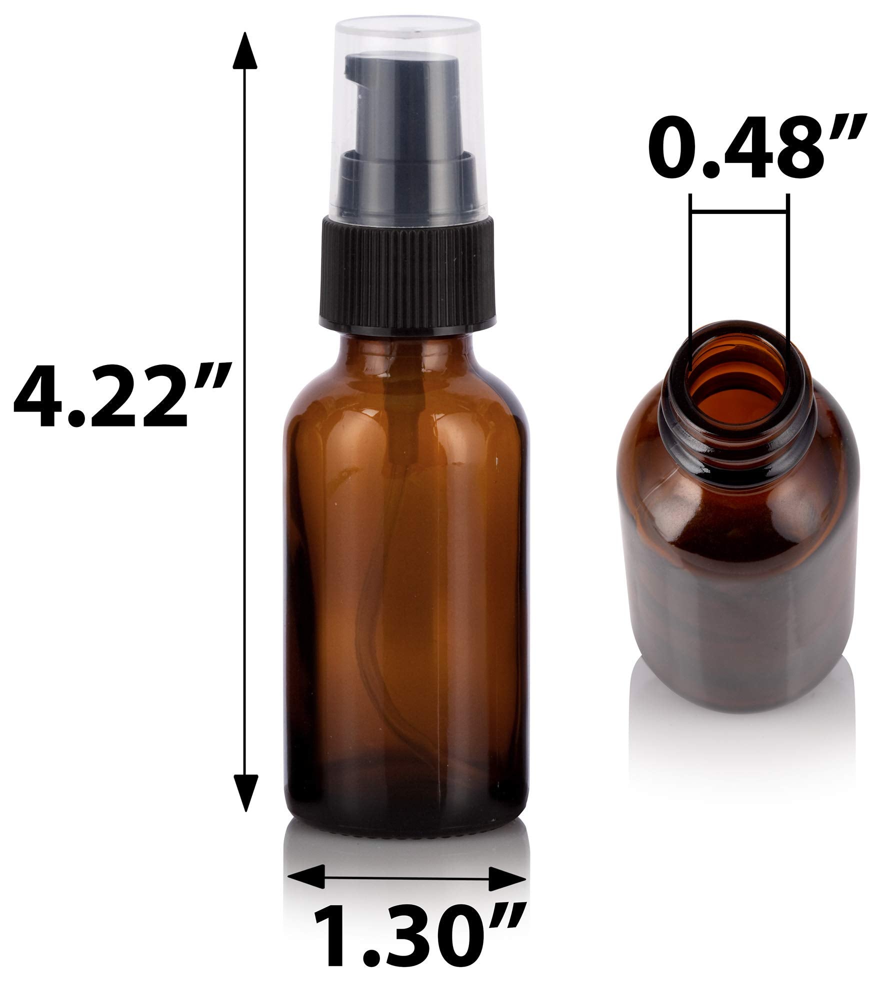 JUVITUS 1 oz / 30 ml Amber Glass Boston Round Bottle with Black Treatment Pump (12 pack) + Funnel Refillable Empty Storage Containers