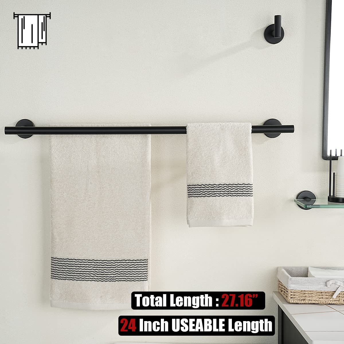 JQK Double Towel Bar  Matte Black 24 Inch 304 Stainless Steel Thicken 0.8mm Bath Towel Rack for Bathroom  Towel Holder Wall Mount  Total Length 27.16 Inch  TB100L24-PB