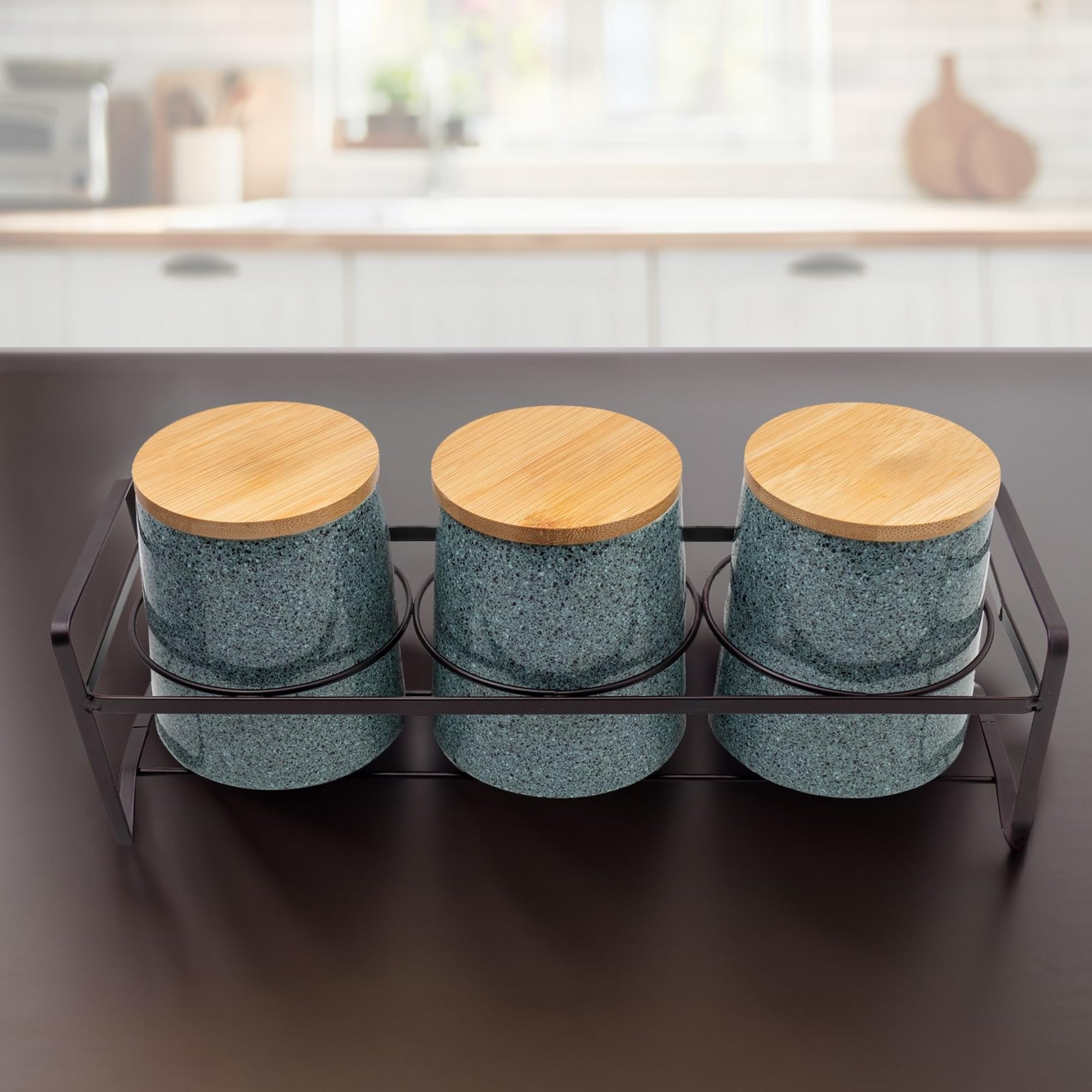 The Better Home Ceramic Jar Kitchen Storage With Bamboo Lids & Iron Stand,Set Of 3-650Ml Each,Airtight Jar Set For Kitchen Conta