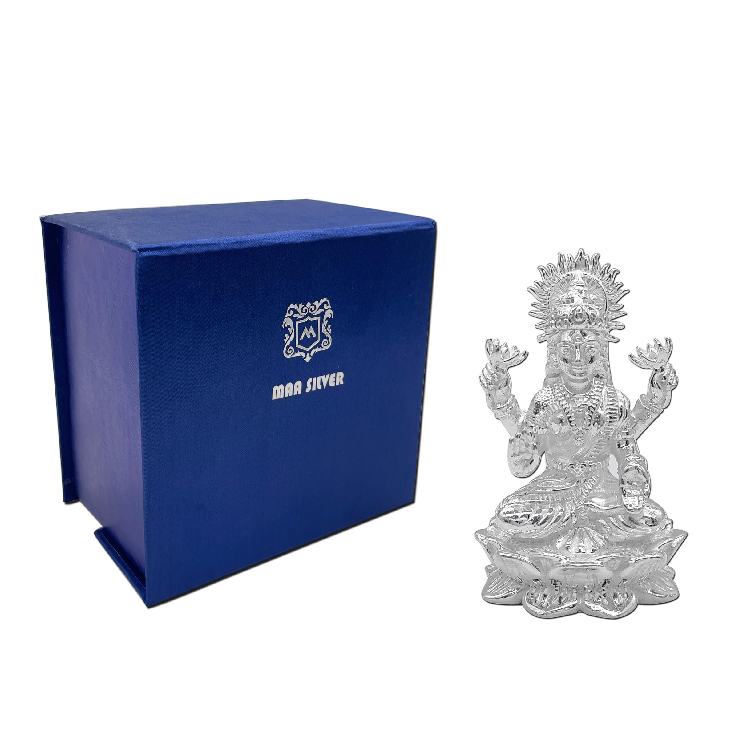 Maa Silver Pure Silver Laxmi Lakshmi Ji Bis Hallmarked Solid Idol/Murti With Lotus Kamal Base Perfect For Gifting & Pooja Use (9