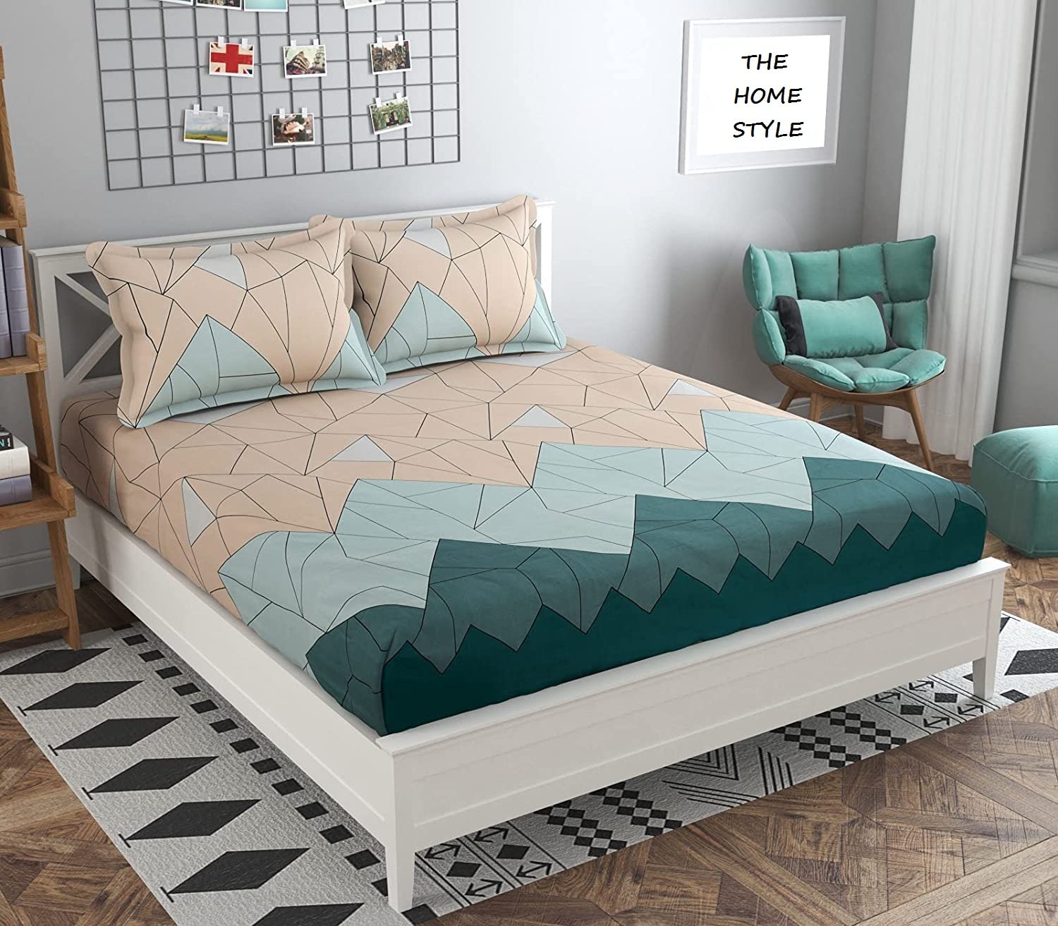 The Home Style Cotton Feel Glace Cotton Elastic Fitted Printed Queen Size Double Bed Bedsheet With 2 Pillow Cover(60X78, Paste