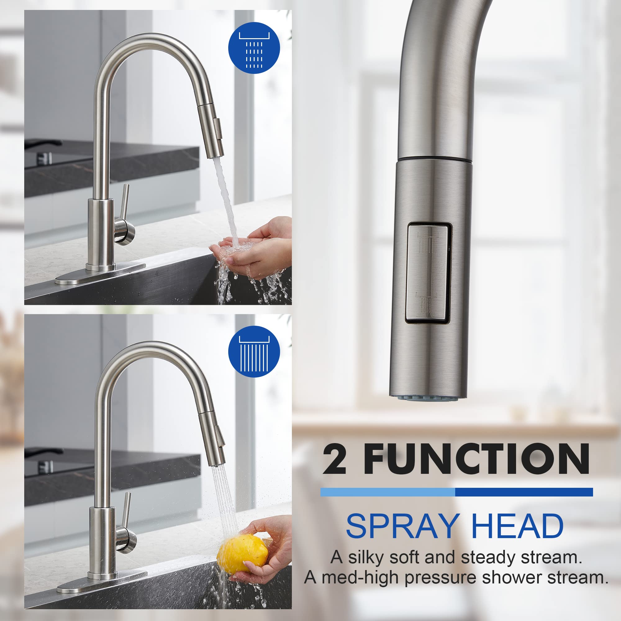 Tohlar Kitchen Sink Faucets With Pull-Down Sprayer, Modern Stainless Steel Single Handle Pull Down Sprayer Faucet With Deck Plat