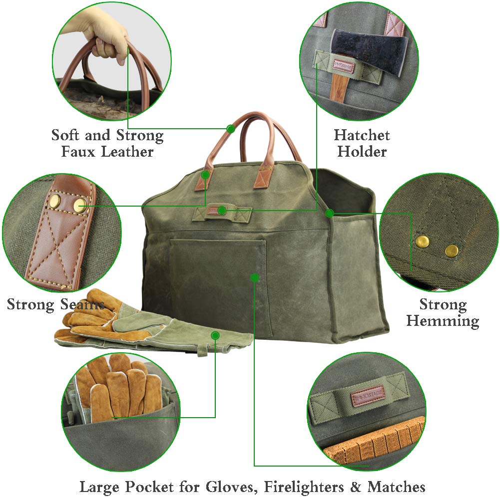 INNO STAGE Firewood Log Carrier Bag Waxed Canvas Tote Holder with Fireplace Pure Leather Gloves Set for Camping  BBQ Barbecue- Green Bag