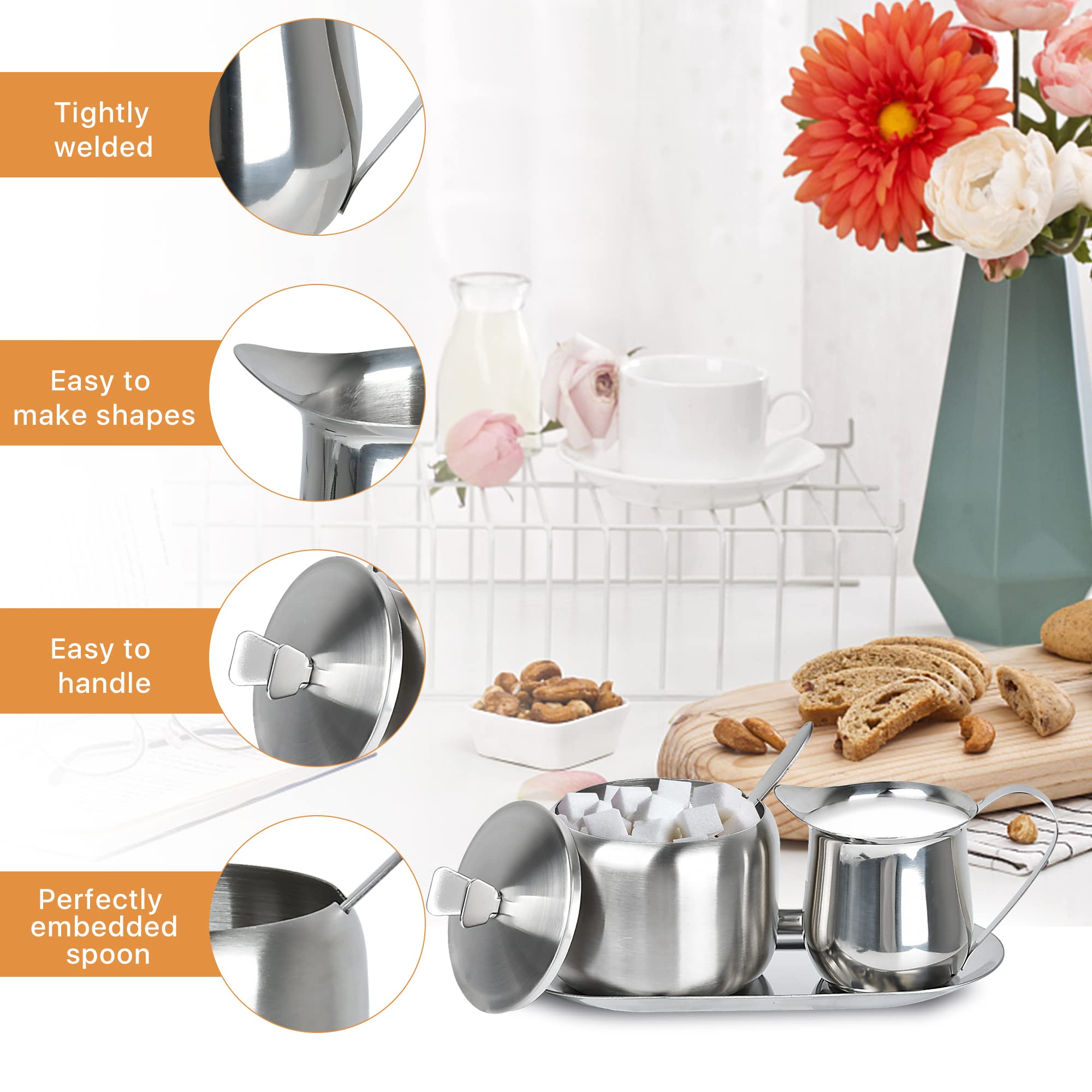 Sugar And Creamer Set, Coffee Serving Set, Stainless Steel Latte Milk Cup Cream Jug And Sugar Bowl With Lid And Spoon Tray Serve