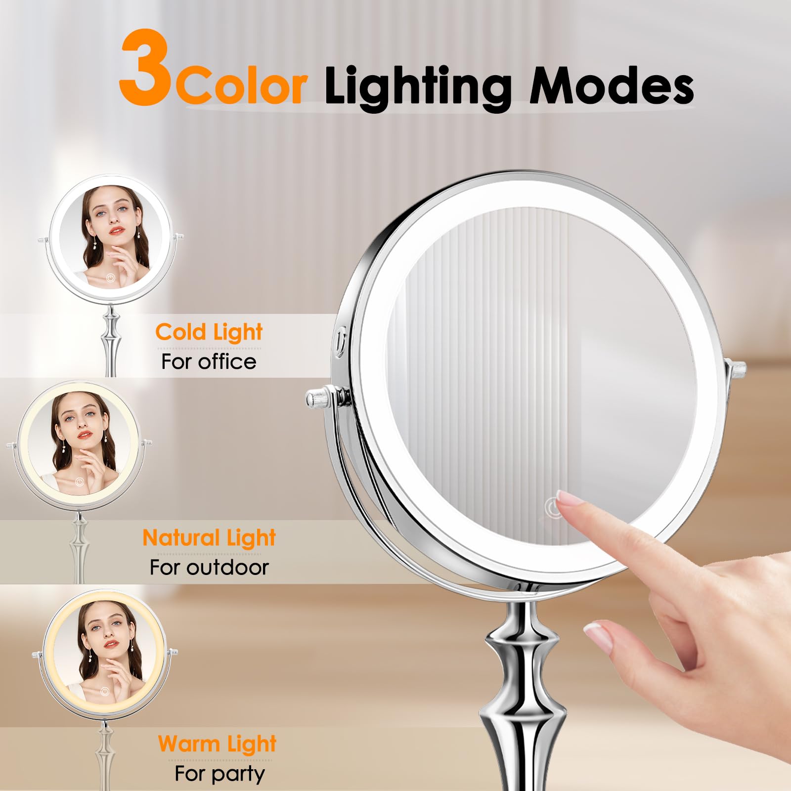 Large Lighted Makeup Mirror, 8'' Rechargeable Vanity Mirror With 3 Color Lights, 1X/10X Magnifying Mirror, 360 Rotation Double S