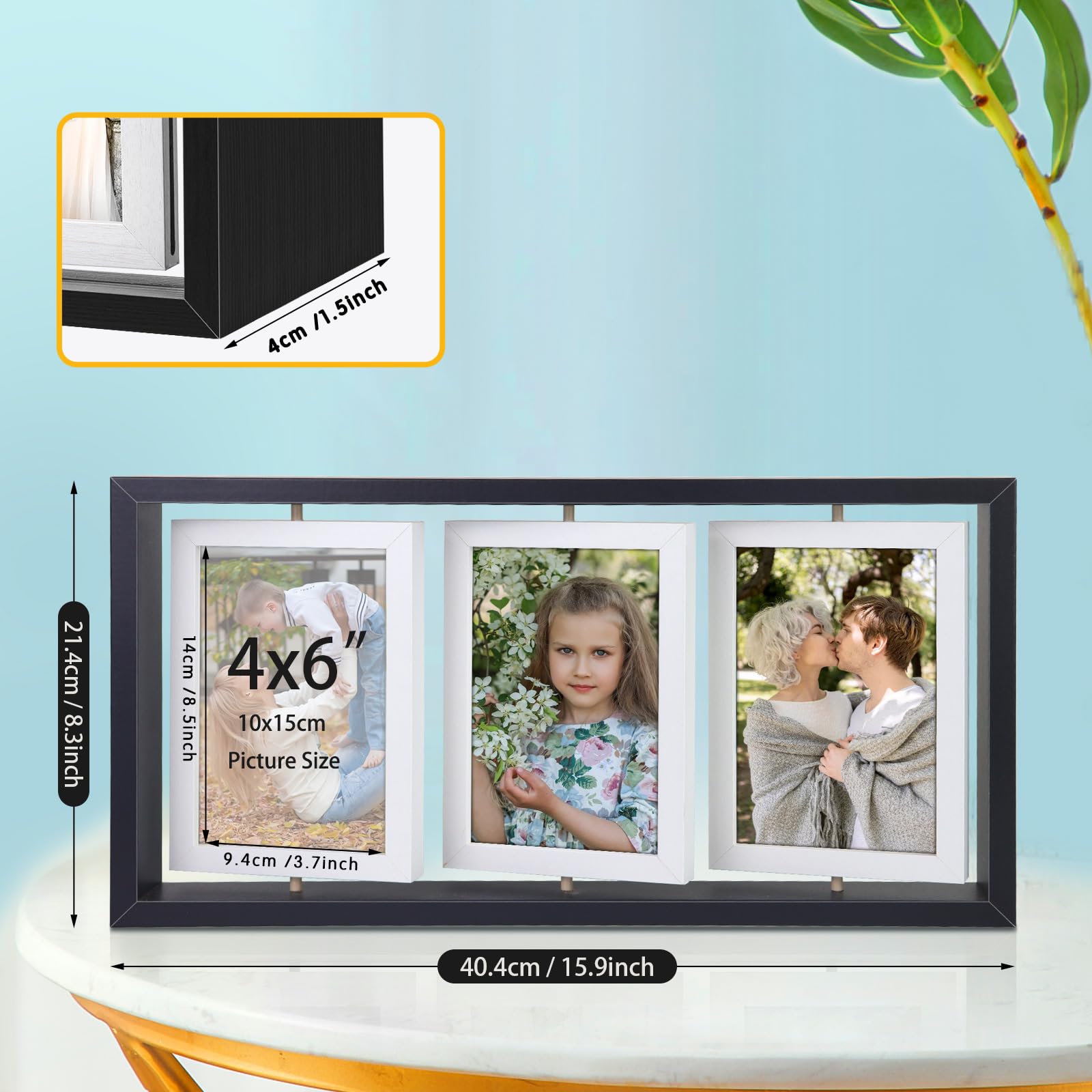ZEEYUAN 4x6 Desk Picture Frame Rotating Double-Sided Picture Frame, 4x6 Tabletop Wooden Collage Family Pictures Frame for Office