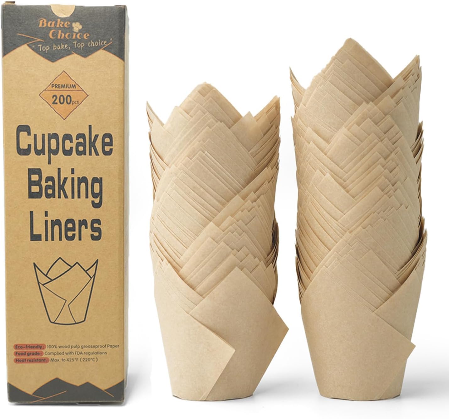 Bake Choice Nordic 75Gsm Paper 200Pcs Natural Tulip Cupcake Liners For Baking Cups, Unbleached Eu Parchment Paper Tulip Muffin L