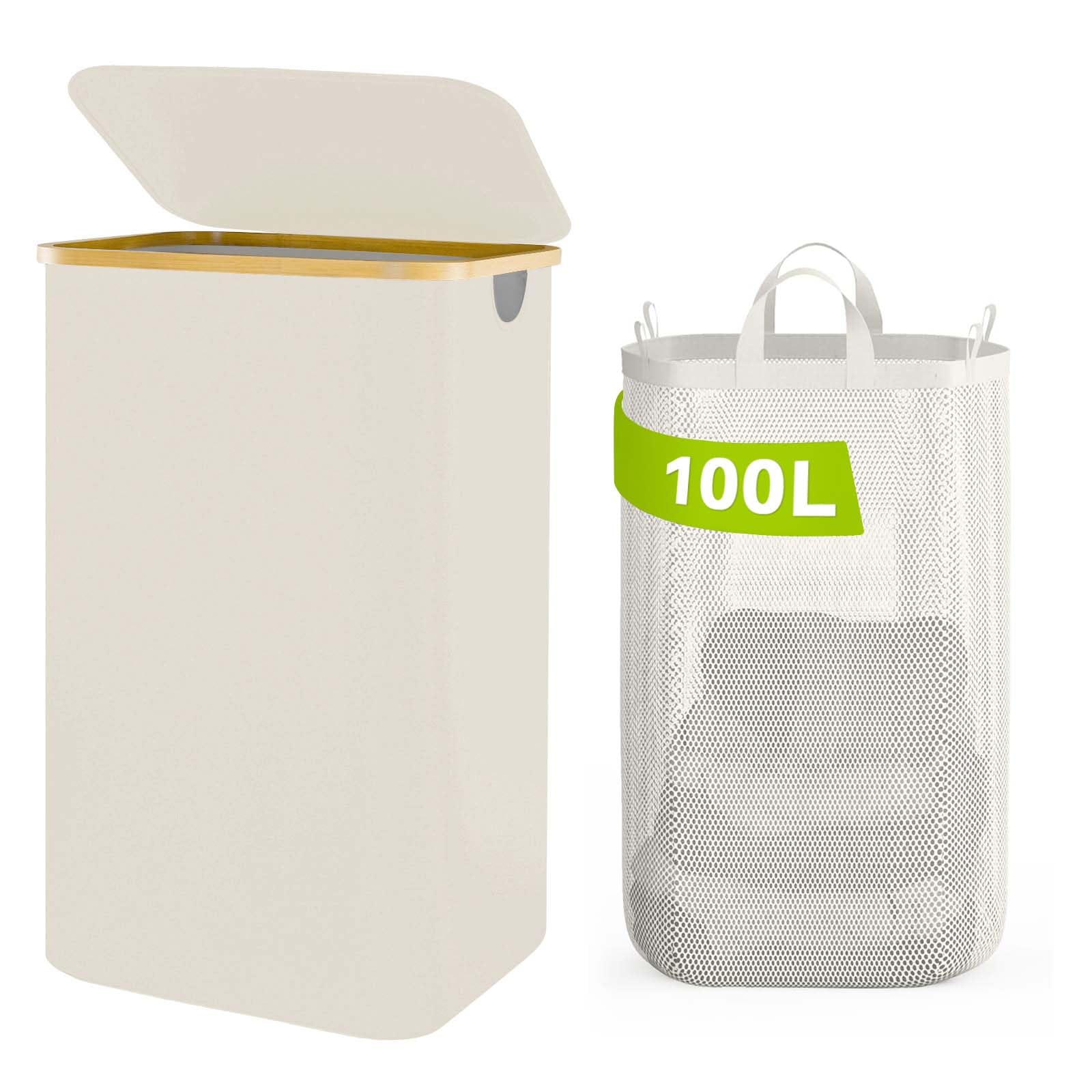 Laundry Hamper With Lid, 100L Tall Laundry Basket With Bamboo Handles Dirty Clothes Hamper With Inner Bag For Bedroom And Bathro