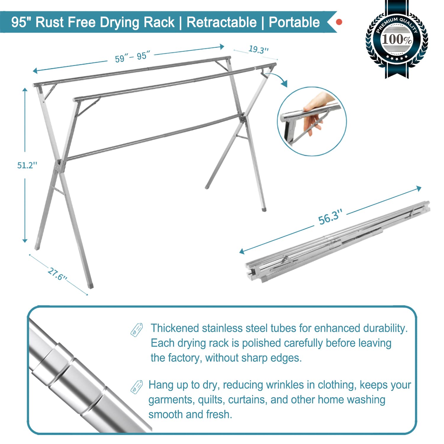 Jauree 95 Inches Clothes Drying Rack Clothing Folding Indoor Outdoor, Heavy Duty Stainless Steel Laundry Drying Rack, Foldable P