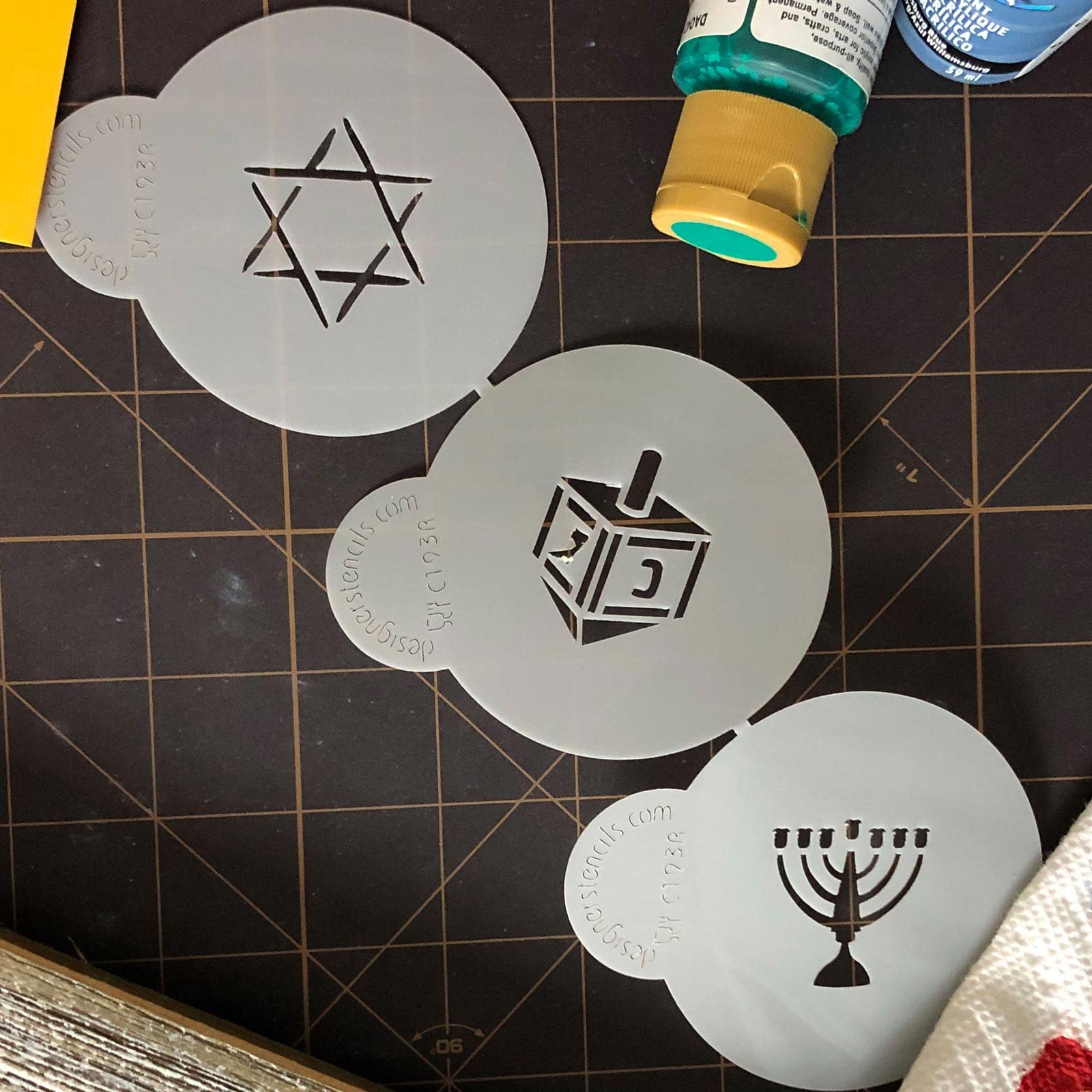 Designer Stencils Jewish Symbols Cookie And Cupcake Stencils, Small, (Dreidel, Star Of David, Menorah), Beige/Semi-Transparent