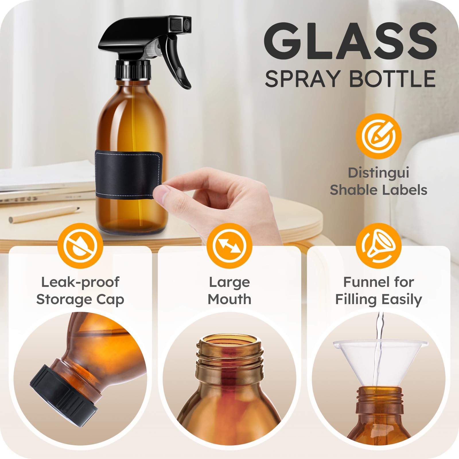 Tecohouse Glass Spray Bottles 8oz  Amber Hair Spray Bottles  2 Pack Empty Refillable Sprayer Container with Labels  Funnel  Lids  Graduated Pipettes - Handheld Size