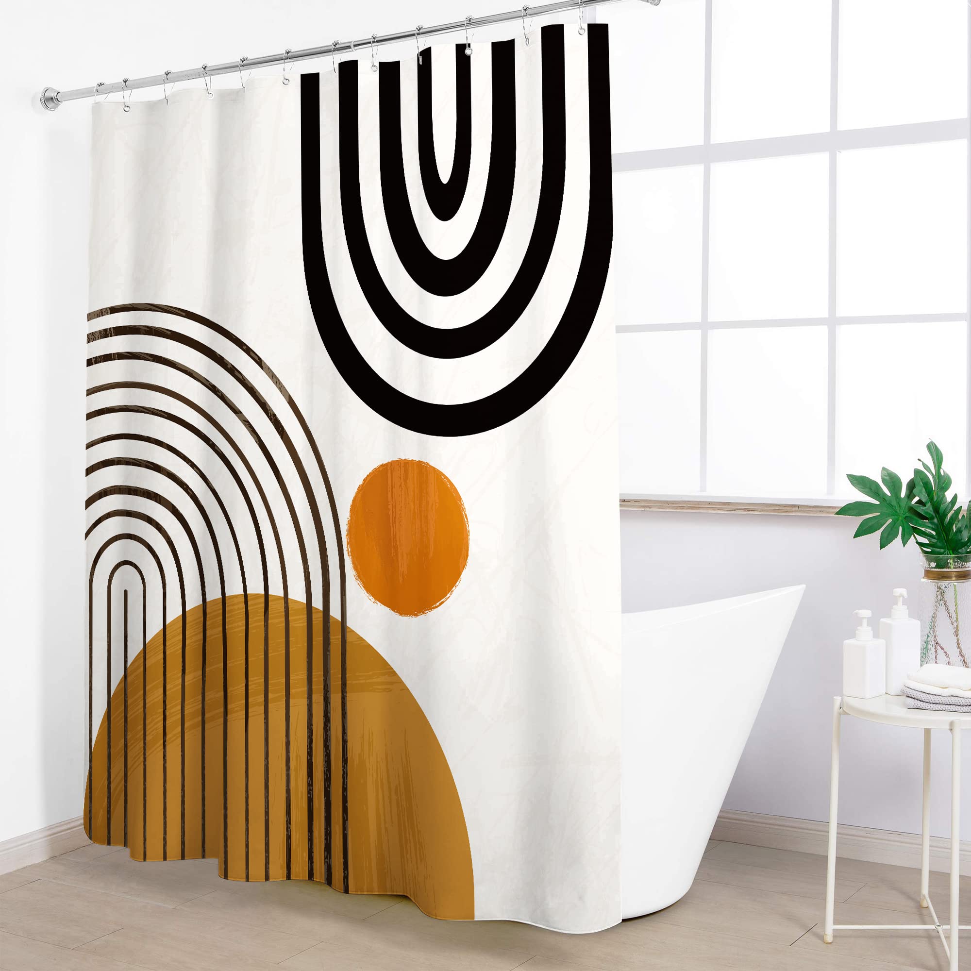 KOMLLEX Abstract Mid Century Shower Curtain for Bathroom Accessories 60Wx72H Inch Modern Cute Contemporary Sun Minimalistic Semicircle Curve Aesthetic Fabric Waterproof Polyester 12 Pack Plastic Hooks