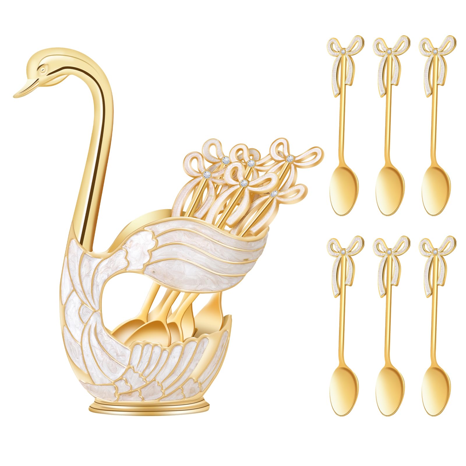 Gold Swan Base Holder,Table Decorative Swan Dessert Spoons Organizer Base Spoons Holder With 6Pcs Coffee Spoon Set,Elegant Gold