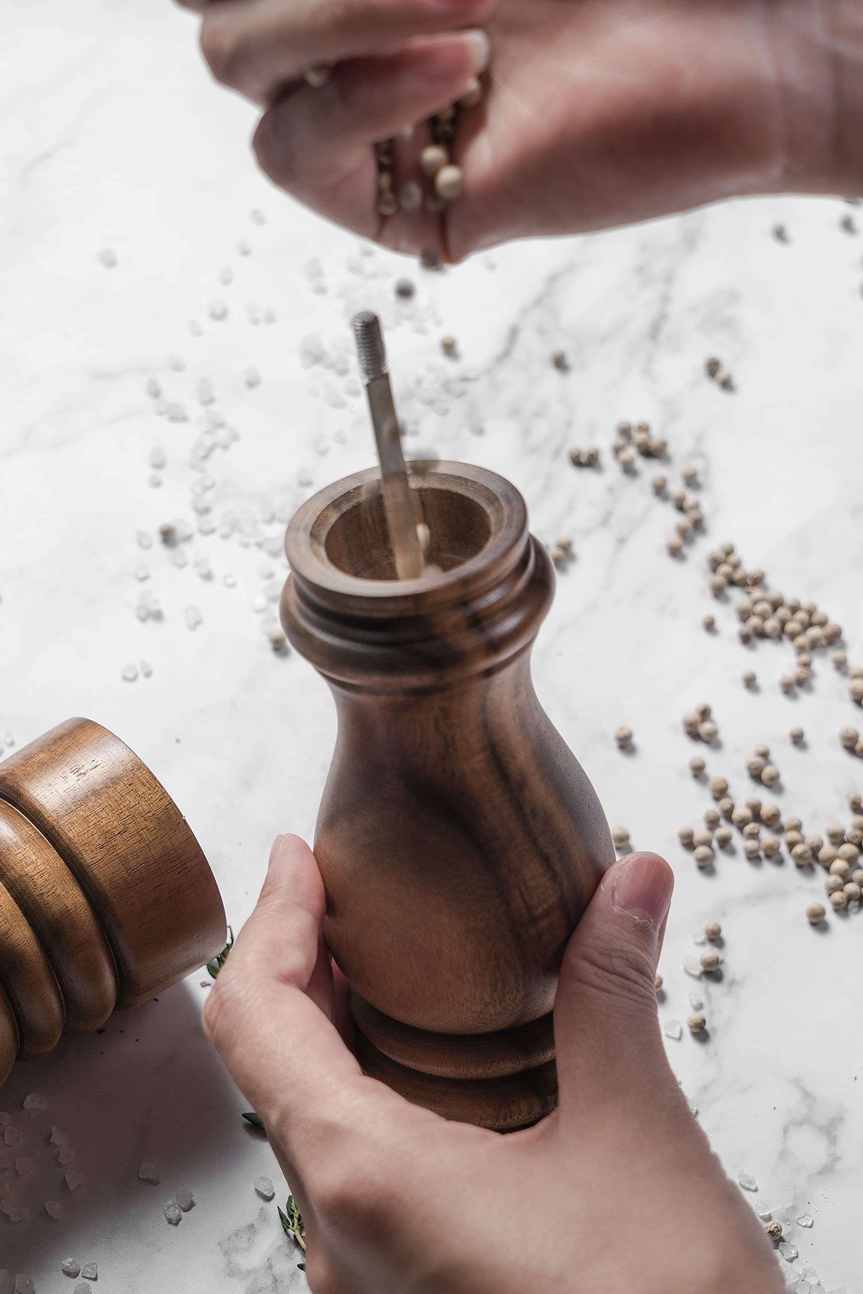 Pepper Grinder Wood Salt and Pepper Grinder Mills Sets  Acacia Wood Manual Salt Grinder Refillable Pepper Mill Sets with Adjustable Ceramic Grinding Rotor - 7 Inch-Set of 2
