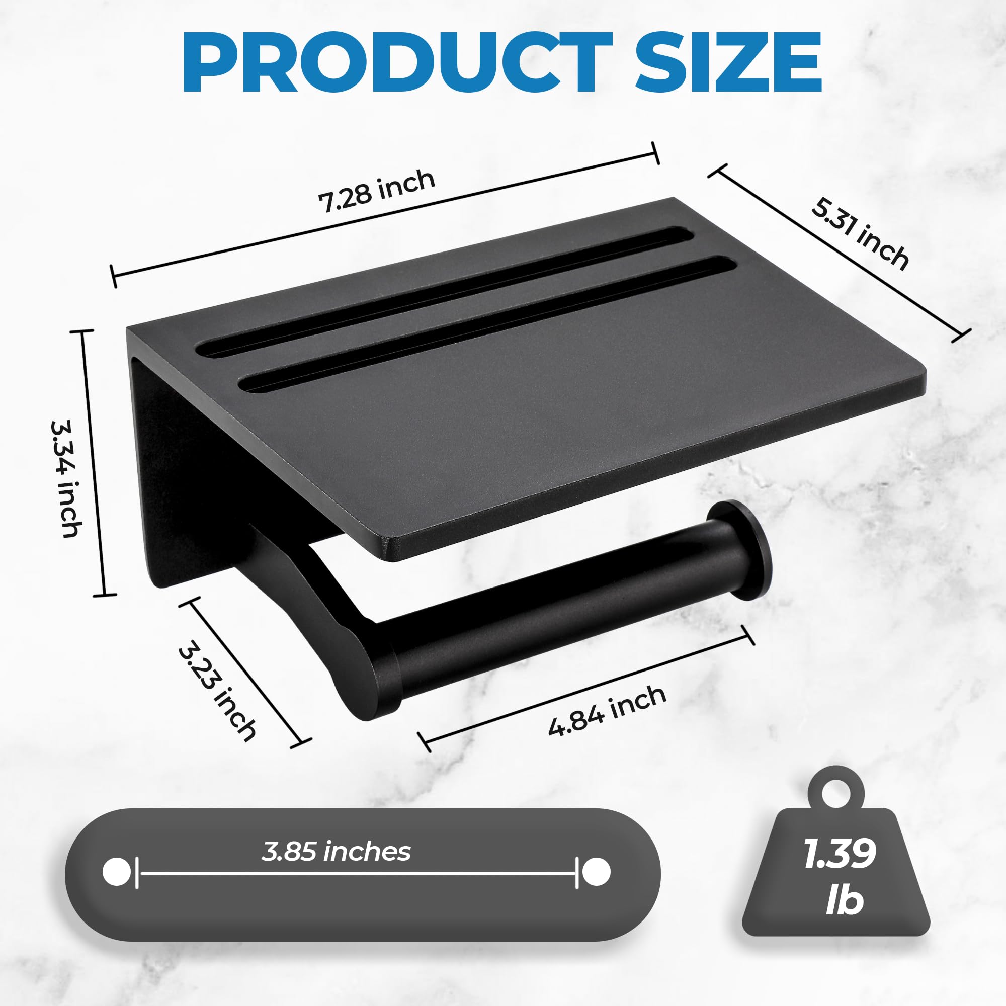 Smarthome Toilet Paper Holder with Shelf  Black Anti-Rust Aluminum Tissue Roll Holder with Mobile Phone Storage Shelf for Bathroom  3M Self Adhesive No Drilling or Wall Mounted with Screws
